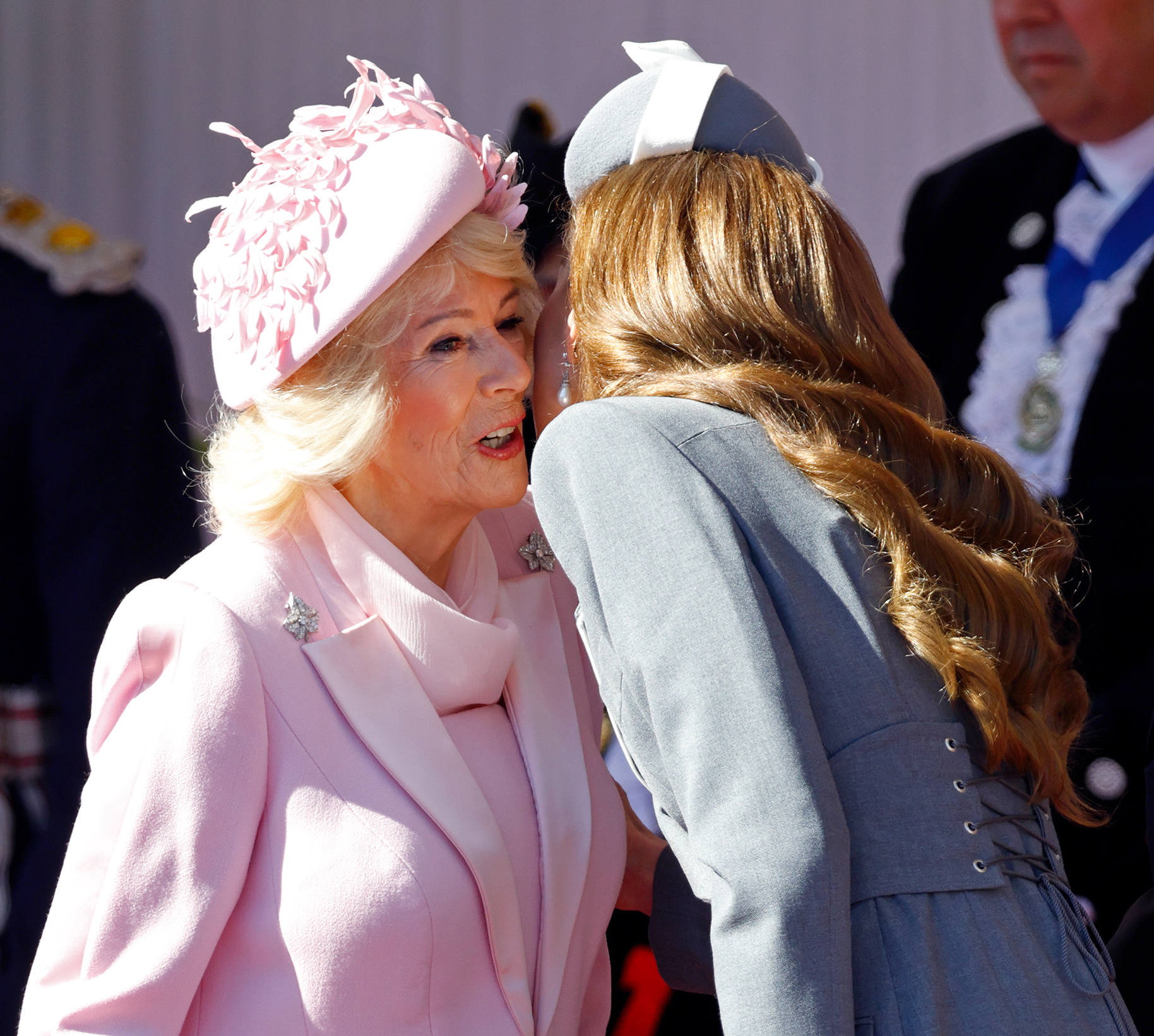 Queen Camilla kisses Catherine, Princess of Wales, as they attend the formal welcome for the President of the Federal Republic of Nigeria, Bola Tinubu, and First Lady Oluremi Tinubu on March 18, 2026, in Windsor, England | Source: Getty Images