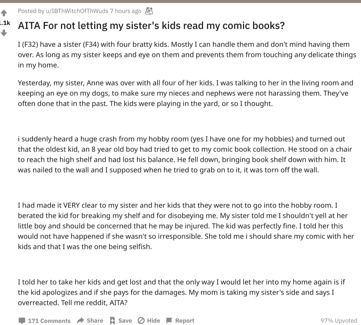 Reddit user asking if he was on fault for not letting his nephews and nieces read his comic books | Photo: Reddit