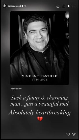 Lorraine Bracco paid tribute to Vincent Pastore on her Instagram Stories by sharing a black-and-white portrait of the late actor with the years 1946–2026. | Source: Instagram/braccoabroad