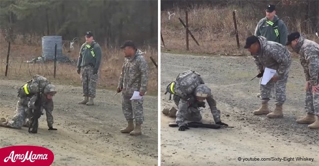 Soldiers scream at female captain who collapsed on the ground but she doesn't give up