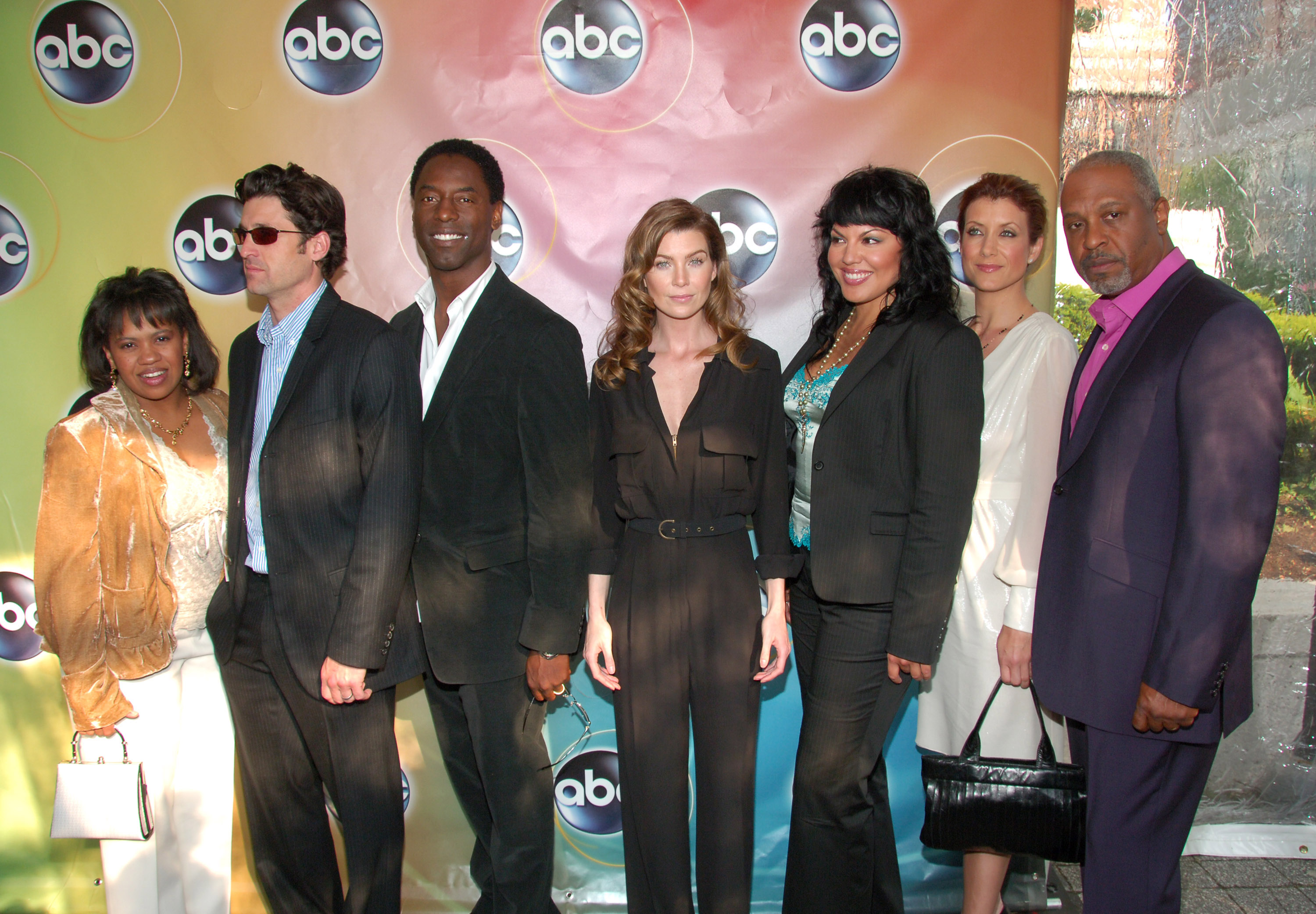 Chandra Wilson, Patrick Dempsey, Isaiah Washington, Ellen Pompeo, Sara Ramirez, Kate Walsh and James Pickens, Jr. of "Grey's Anatomy" arrive at the ABC Upfront 2006/2007 presentation on May 16, 2006, in New York City | Source: Getty Images