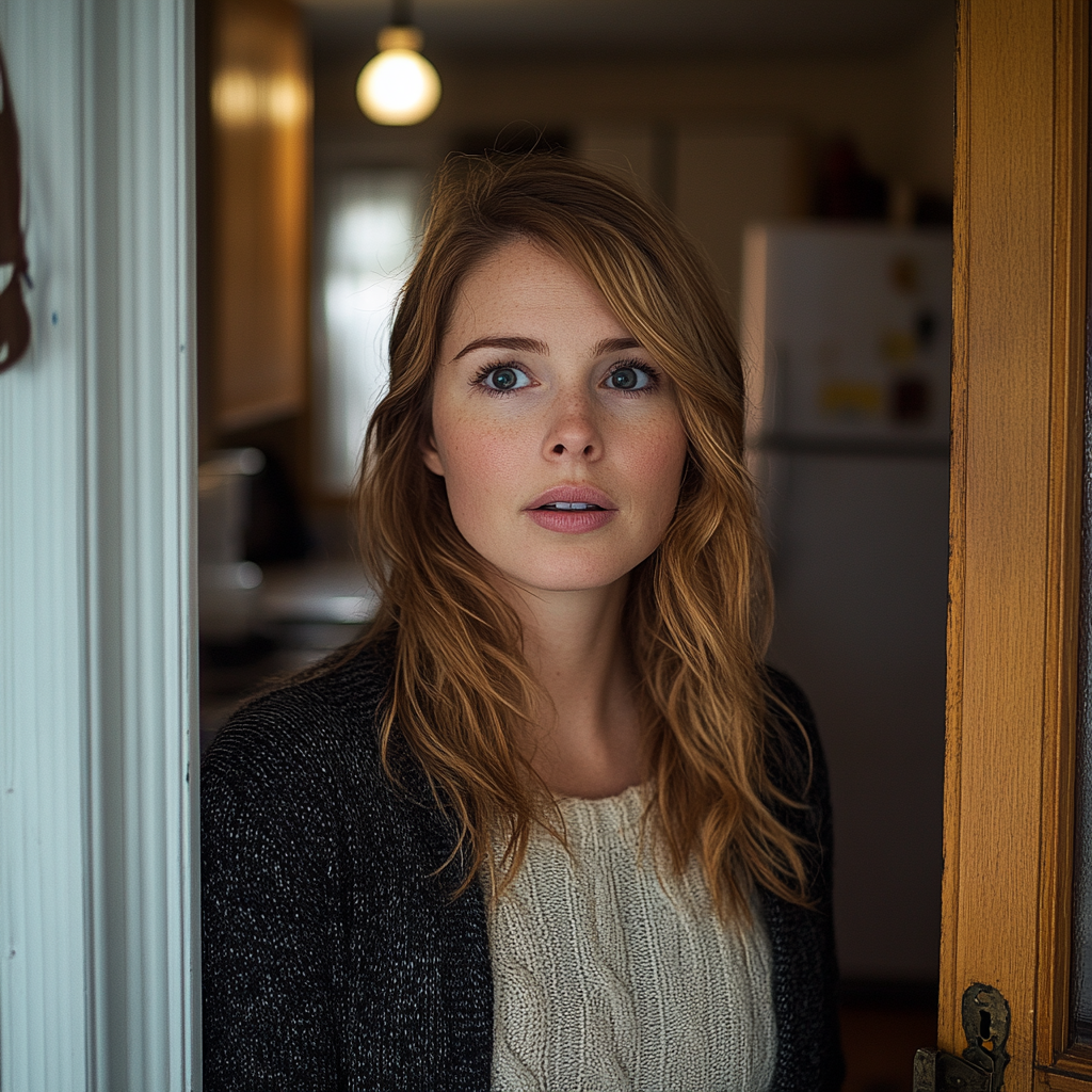 A surprised woman standing near a door | Source: Midjourney