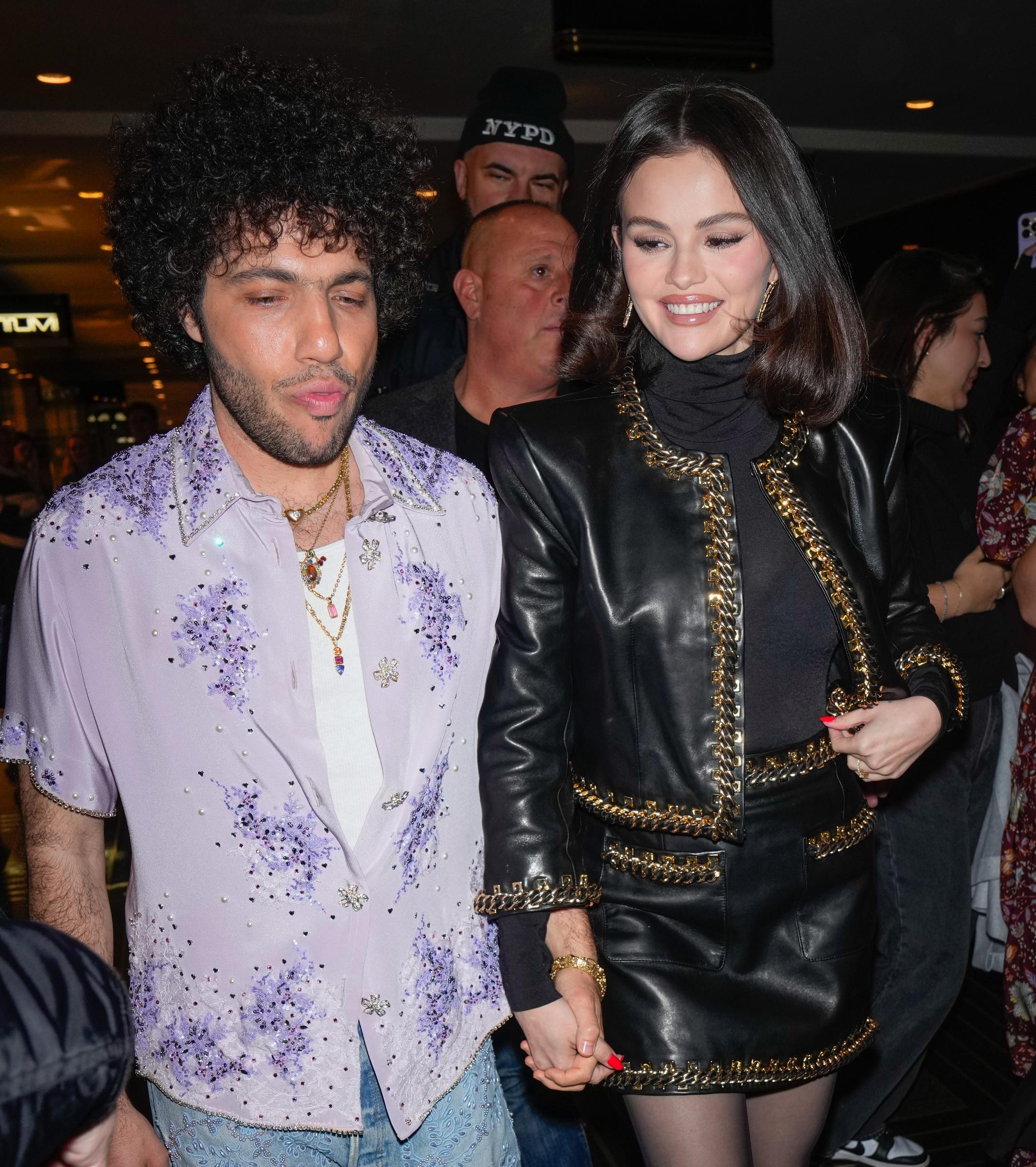 Benny Blanco (L) and Selena Gomez are seen in New York City on March 20, 2025. | Source: Getty Images