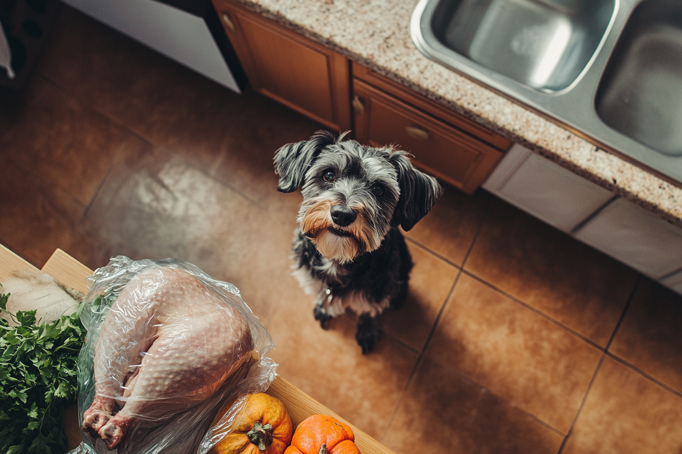 A dog looking up at a turkey on the counter | Source: Midjourney