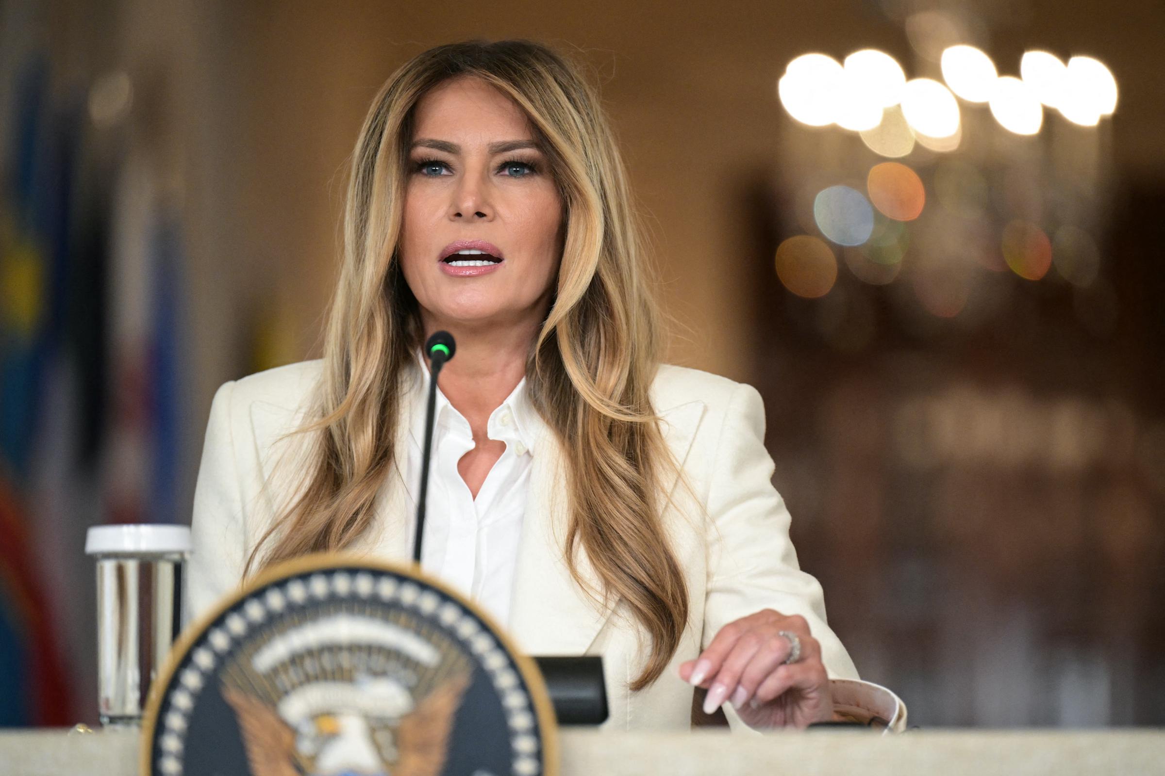 Melania Trump at the Global Coalition Summit in the East Room at the White House on March 25, 2026. | Source: Getty Images