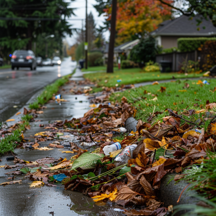 A pile of fallen leaves and litter on the side of the road in a neighborhood | Source: Midjourney