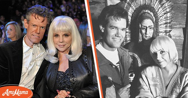 Randy Travis and Lib Hatcher in the audience at American Idol on March 17, 2009, in Los Angeles (left), Randy Travis and Lib Hatcher posing in front of the entrance to their log cabin circa 1991 (right) | Photo: Getty Images