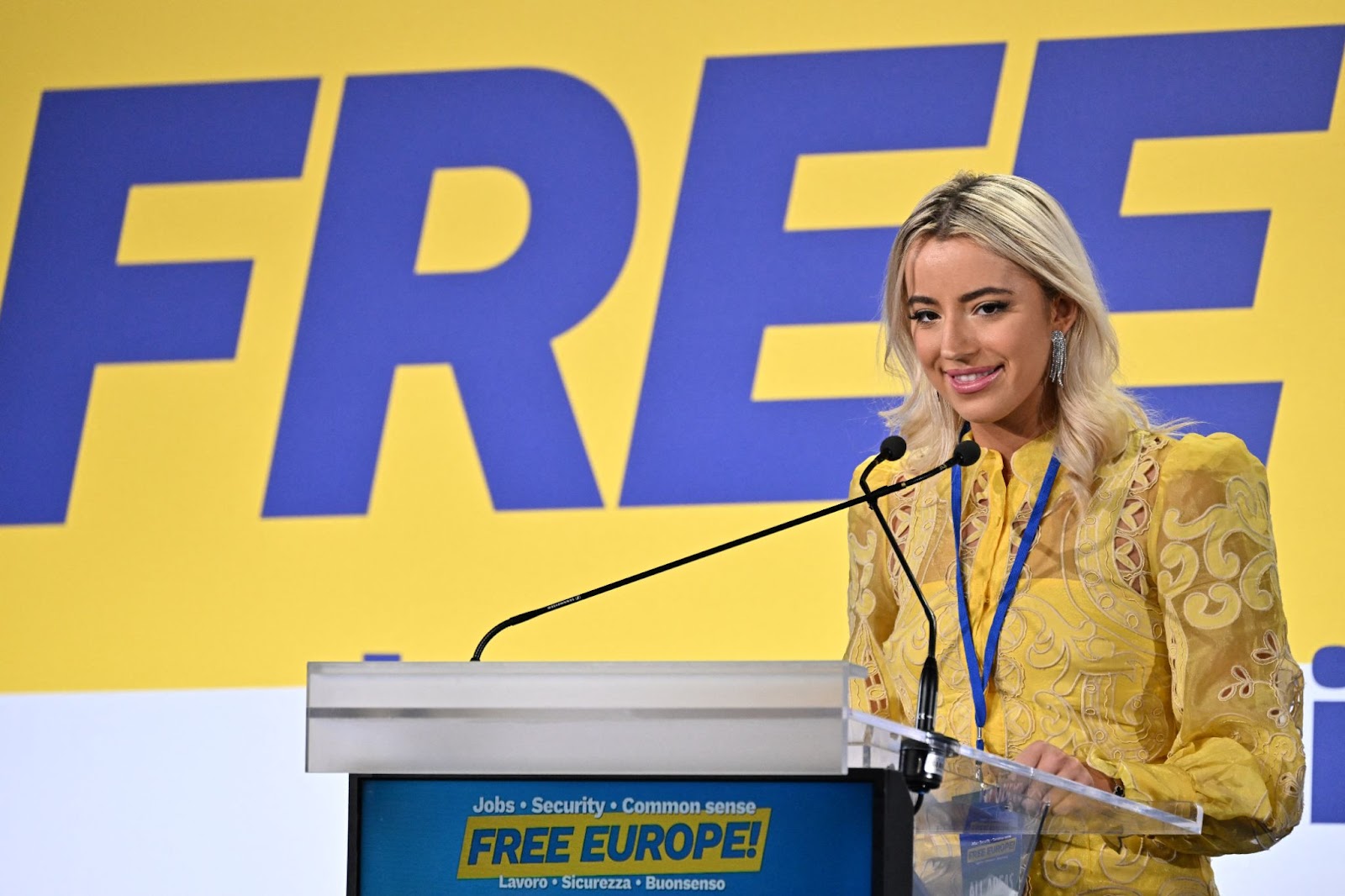 Ashley St. Clair delivers a speech during a convention of the European Parliament leaders of Identity and Democracy group (ID) on December 3, 2023, in Florence, Italy | Source: Getty Images