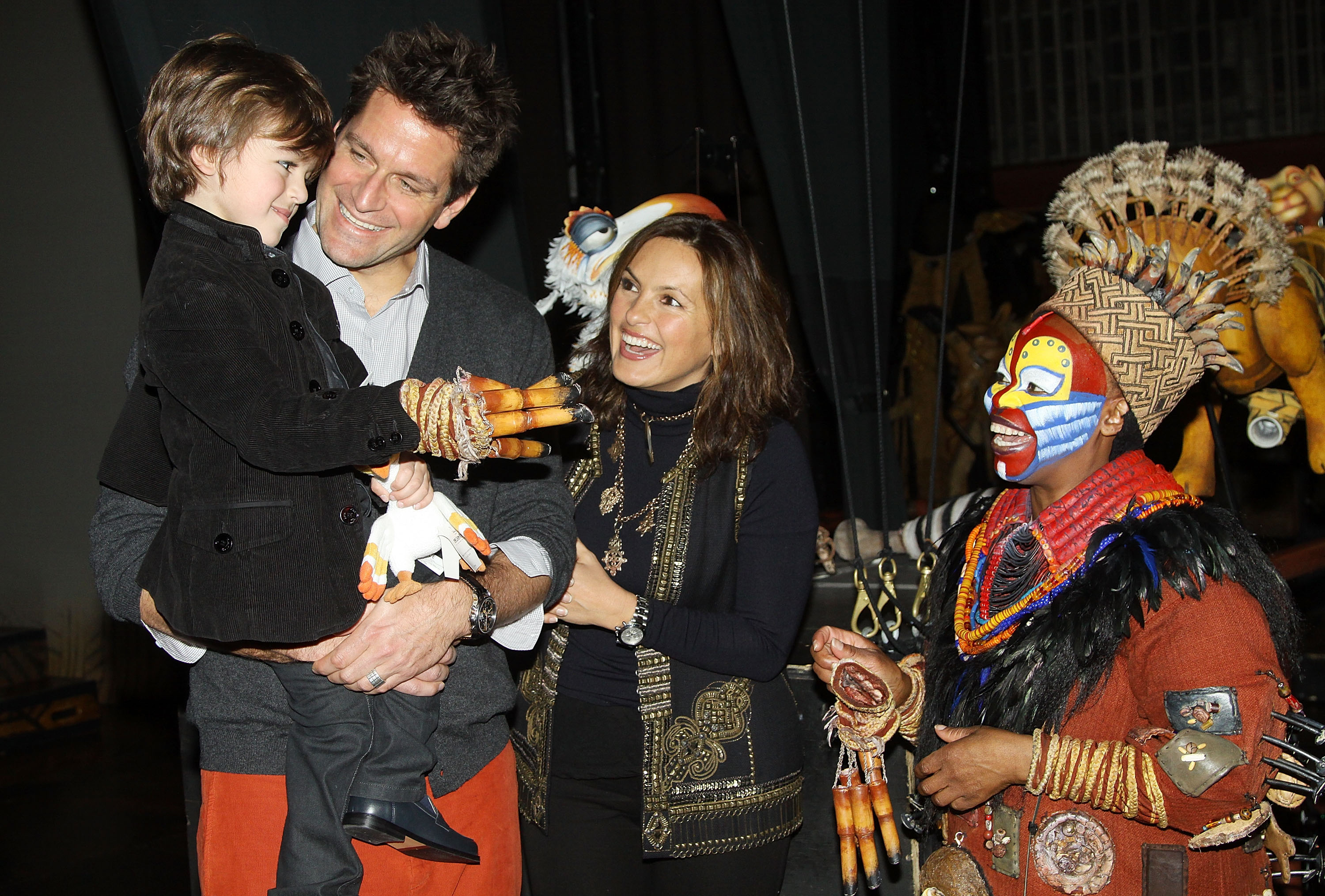August, and Peter Hermann, Mariska Hargitay, and Tshidi Manye backstage at the Broadway musical production of "The Lion King" in New York City, 2010 | Source: Getty Images