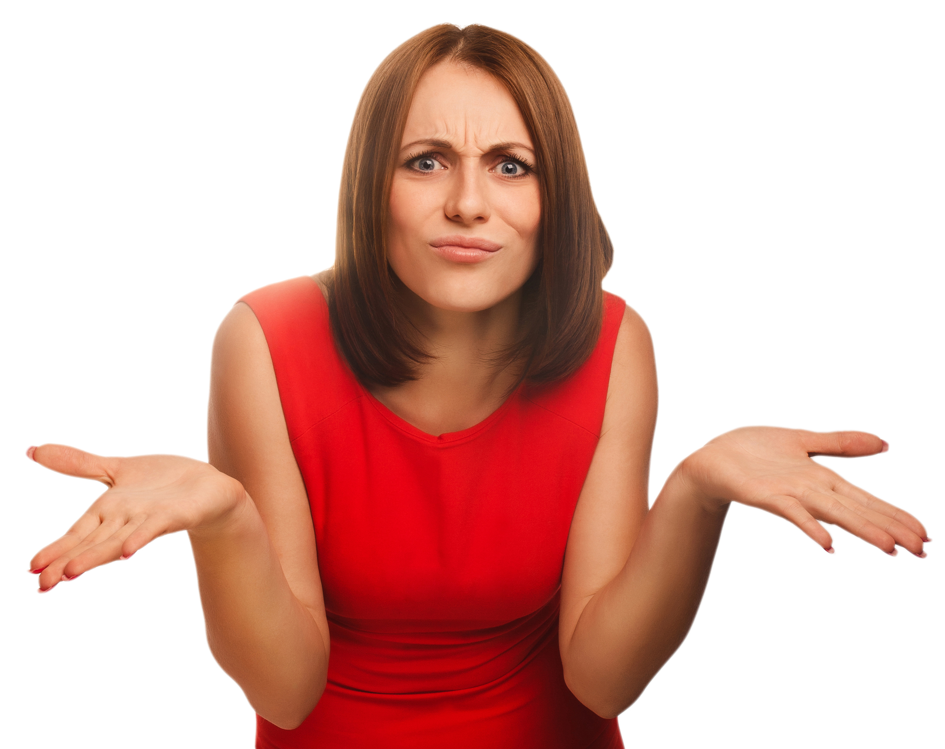 A woman in red with her palms up in exasperation | Source: Shutterstock
