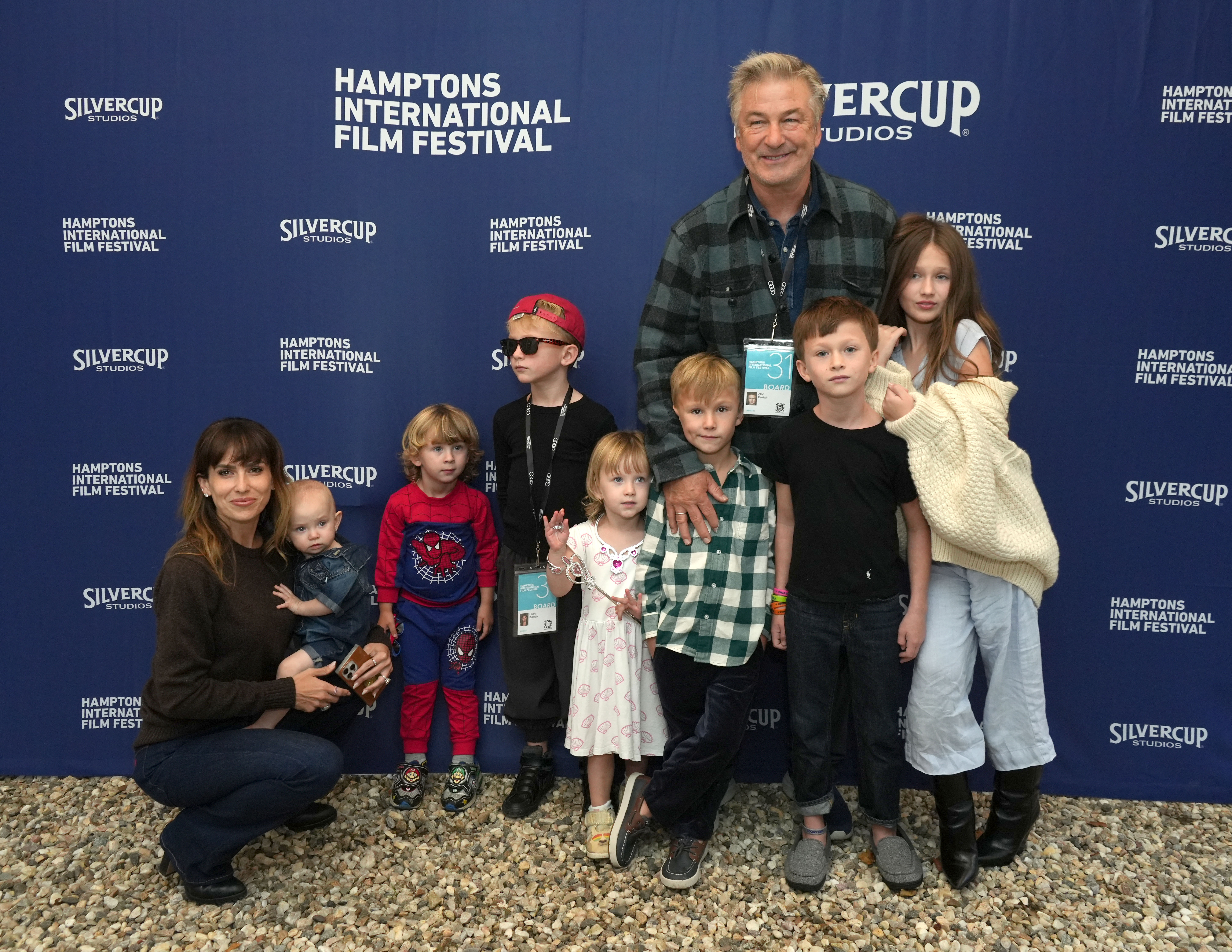 Alec Baldwin and Hilaria Baldwin and their kids (L-R) Ilaria Baldwin, Eduardo Baldwin, Leonardo Baldwin, Maria Lucia Baldwin, Romeo Baldwin, Rafael Baldwin, and Carmen Baldwin at the 2023 Hamptons International Film Festival on October 7, 2023, in East Hampton. | Source: Getty Images