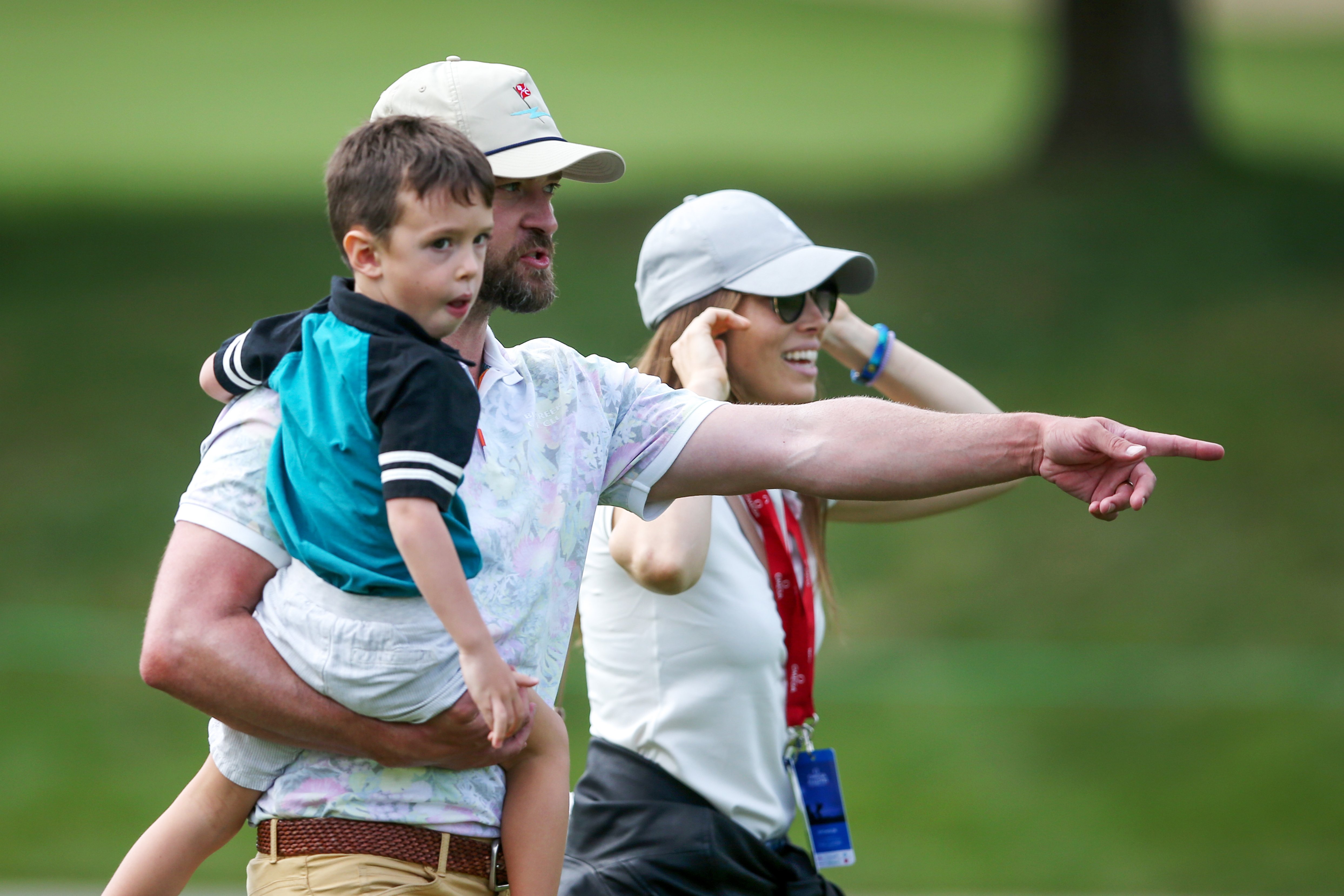 Justin Timberlake with his son Silasand his wife Jessica Biel at the Omega European Masters in 2019 in Crans-Montana, Switzerland. | Source: Getty Images