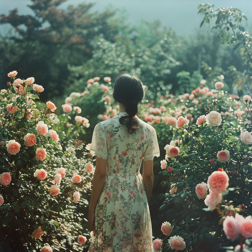 Woman walks between bushes of roses from granny's garden | Source: Midjourney
