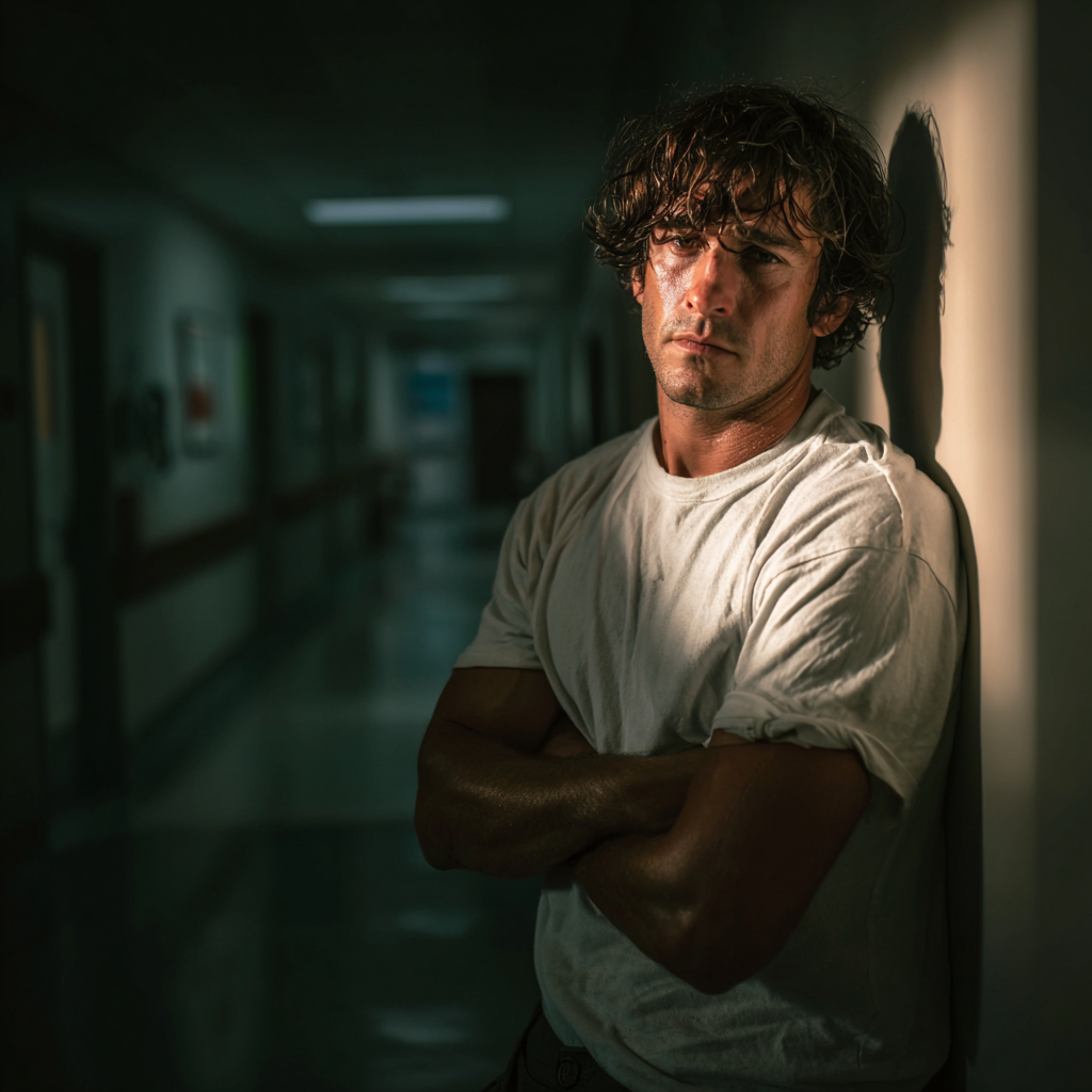 A man leaning against a wall in a hospital hallway | Source: Midjourney