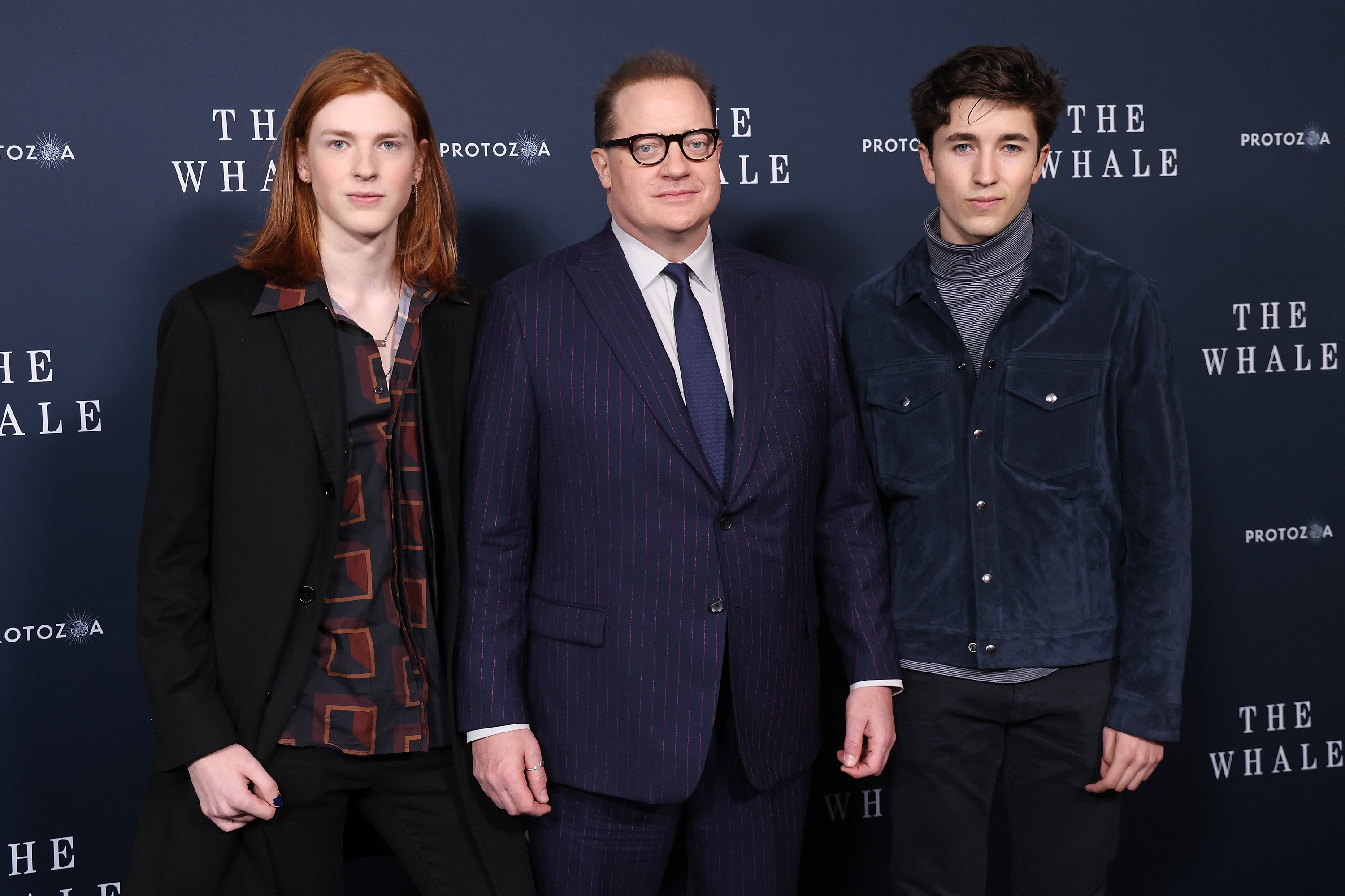 Leland Fraser, Brendan Fraser, and Griffin Fraser stand together at a New York screening of "The Whale" at Alice Tully Hall, Lincoln Center in New York City.