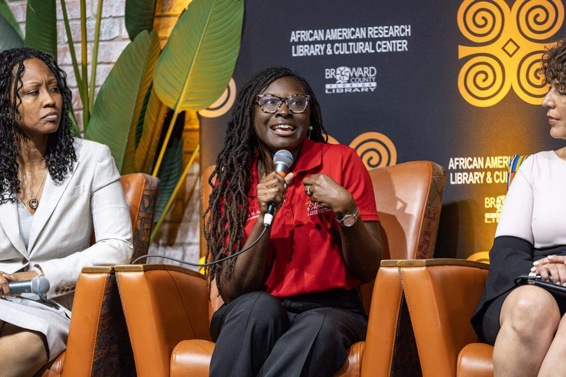 Nancy Bowen speaking onstage during a panel discussion hosted by South Florida People of Color in Miami, Florida on October 17, 2024. | Source: Getty Images
