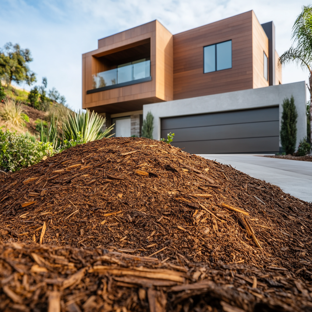 A pile of mulch in front of the house | Source: Midjourney