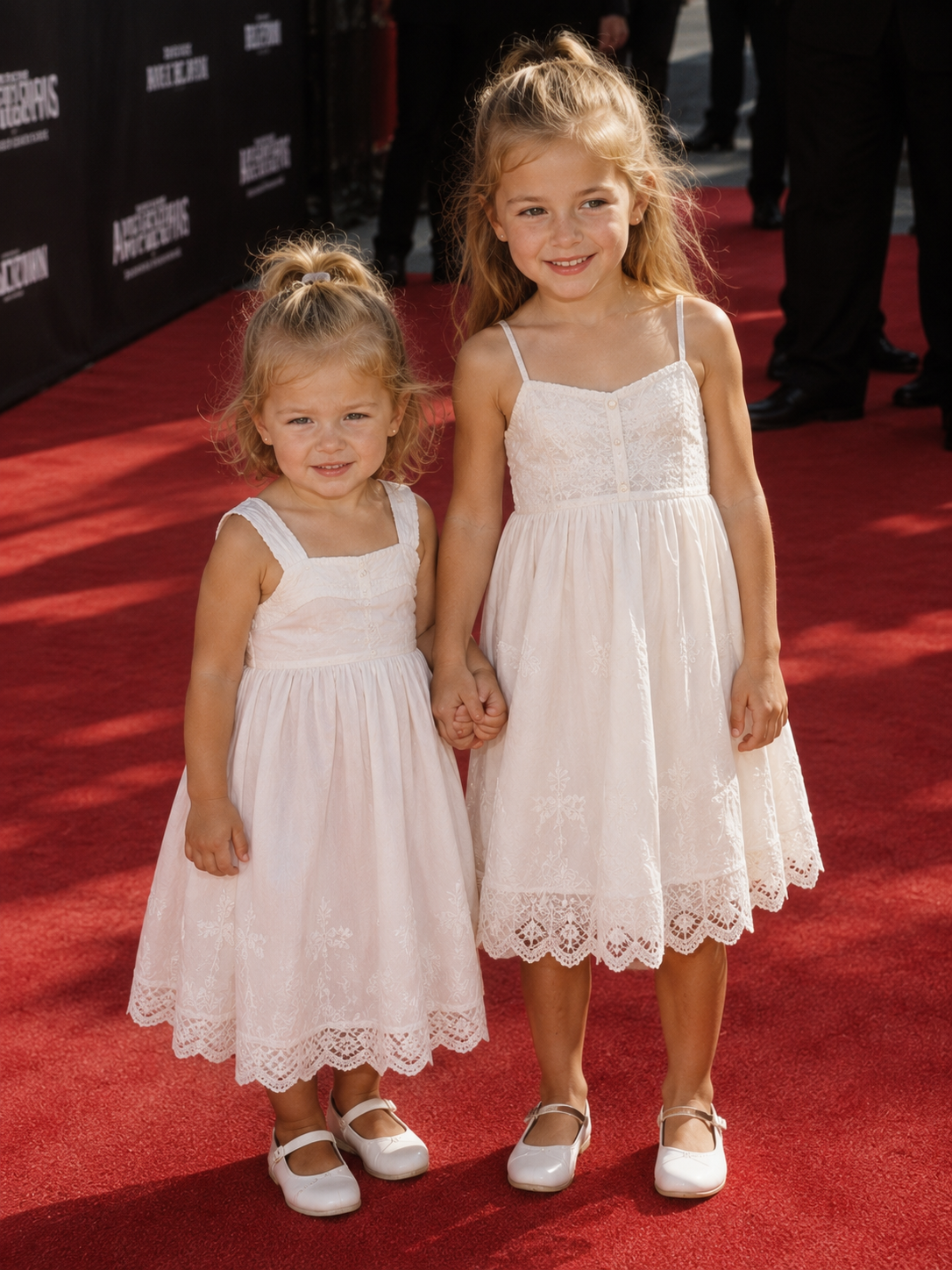 This AI-generated photo depicts Fabio and Sharon Stone’s two imagined young daughters holding hands on a red carpet in matching white lace dresses, capturing a sweet early 2000s celebrity event look. | Source: ChatGPT