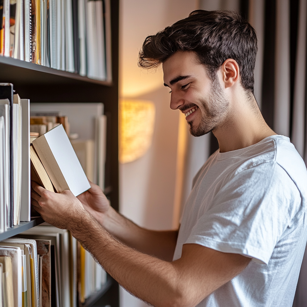 A young man hiding an envelope in a book | Source: Midjourney