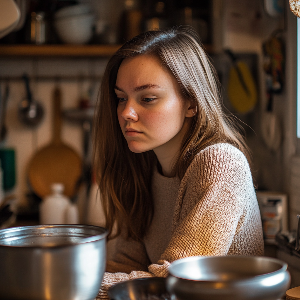 A woman looks exhausted after cleaning a kitchen | Source: Midjourney