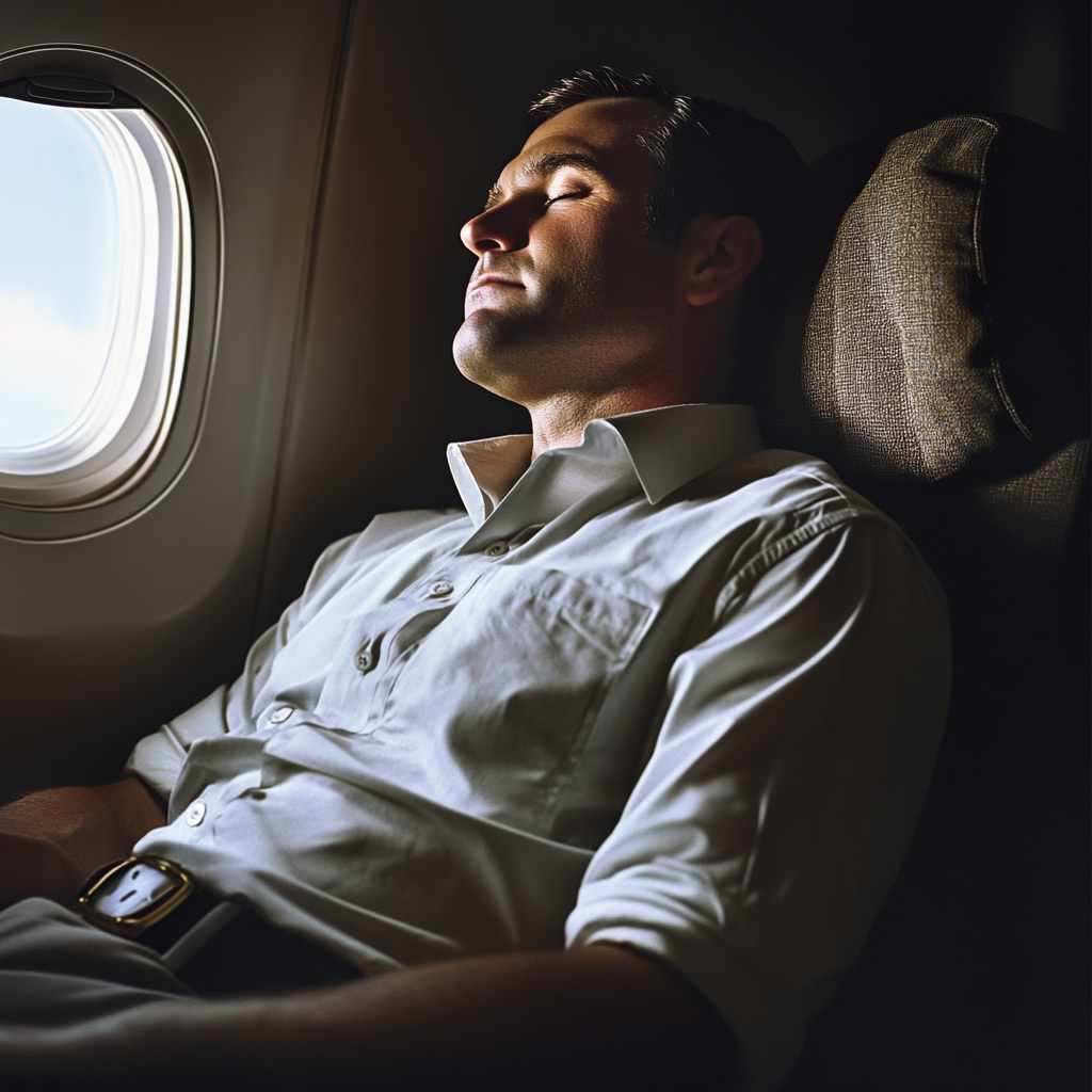 The arrogant man sleeping soundly on the plane | Source: Midjourney