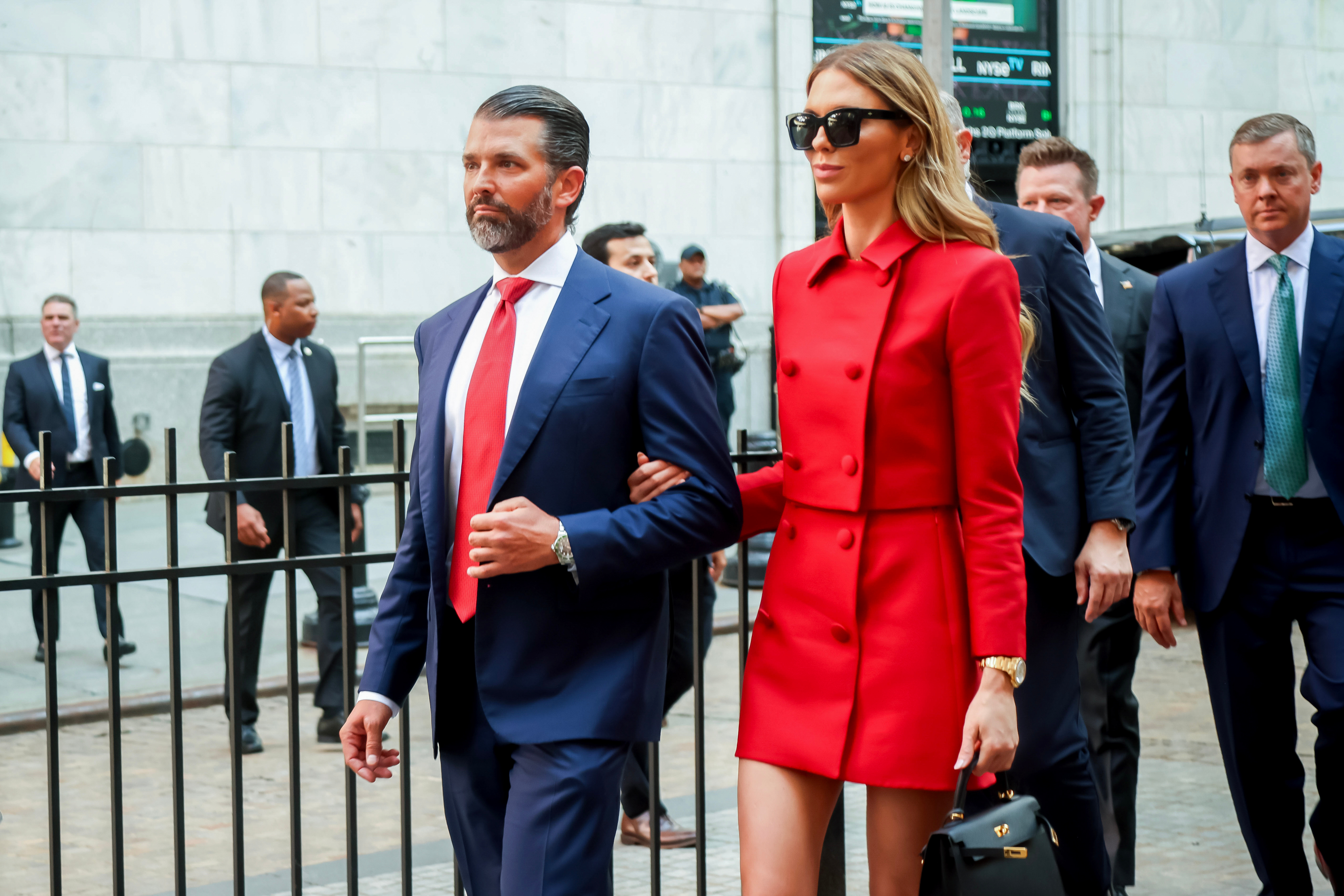 Donald Trump Jr. and Bettina Anderson in front of the New York Stock Exchange (NYSE) on July 16, 2025, in New York City | Source: Getty Images
