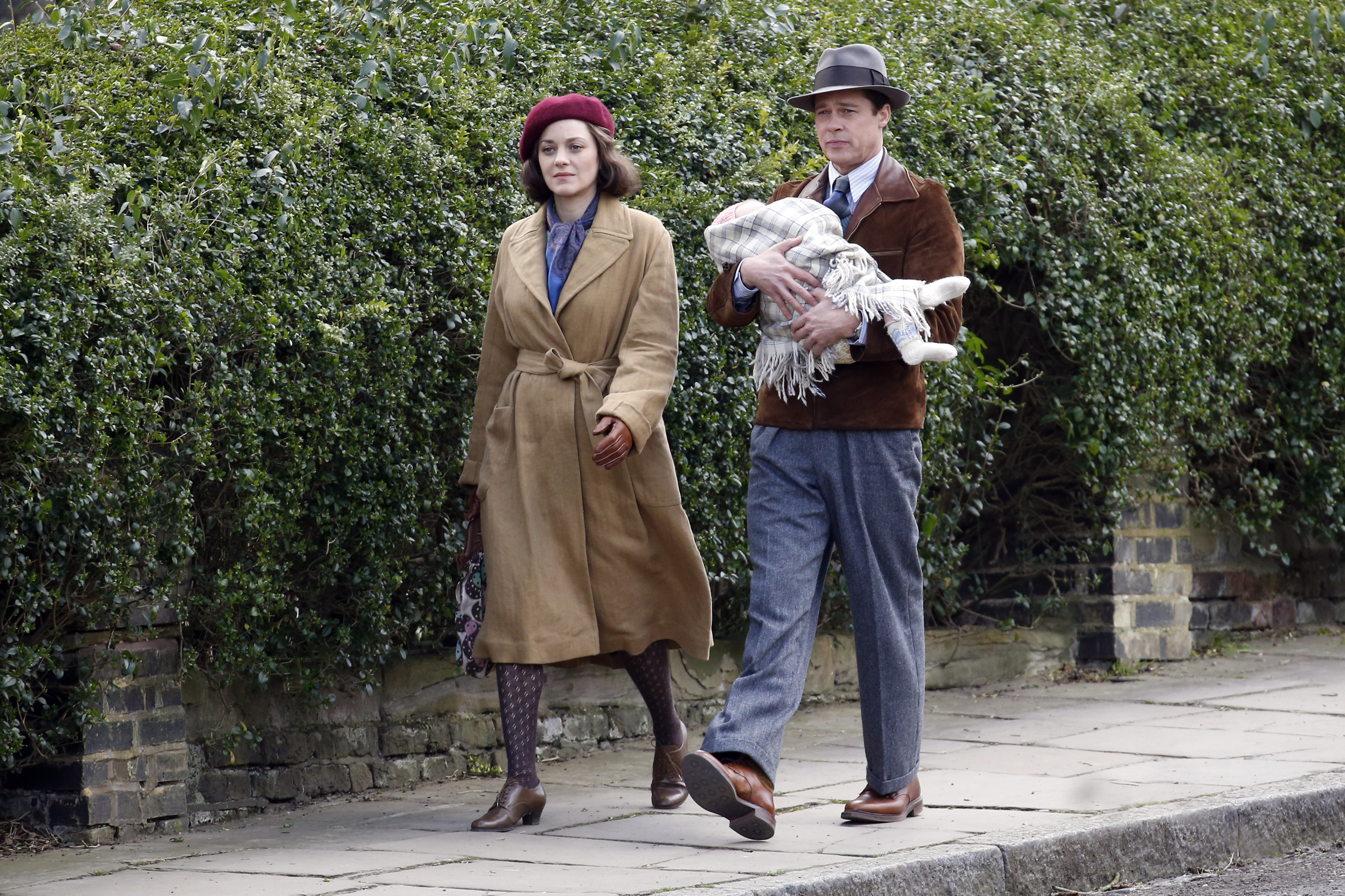 Marion Cotillard and Brad Pitt seen filming scenes for 'Five Seconds Of Silence' in Hampstead on March 31, 2016 in London, England | Source: Getty Images