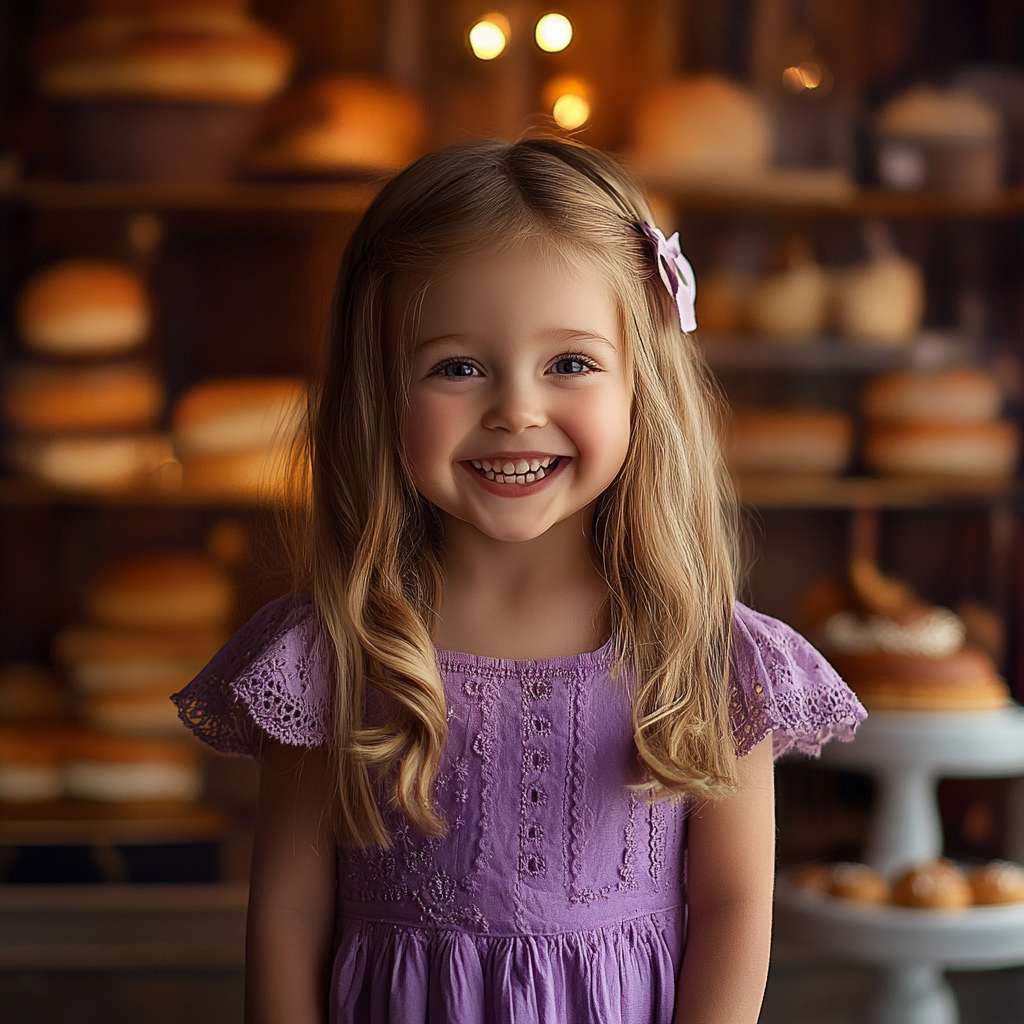 A cheerful little girl in a bakery | Source: Midjourney