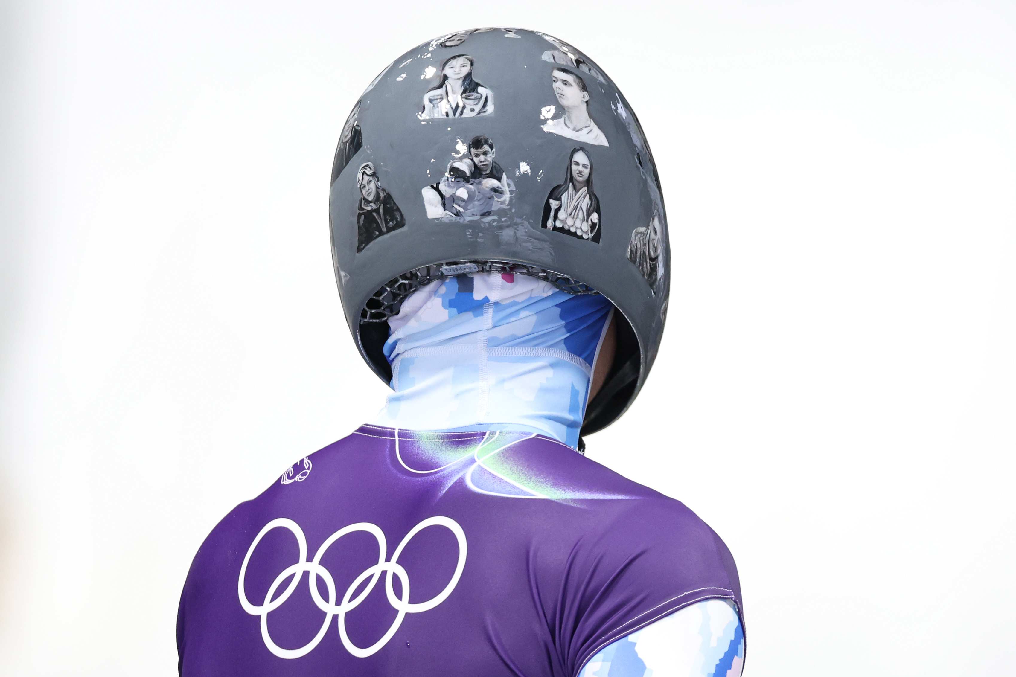 A detail view of the helmet worn by Vladyslav Heraskevych on day four of the Milano Cortina 2026 Winter Olympic games at Cortina Sliding Centre on February 10, 2026 in Cortina d'Ampezzo, Italy | Source: Getty Images