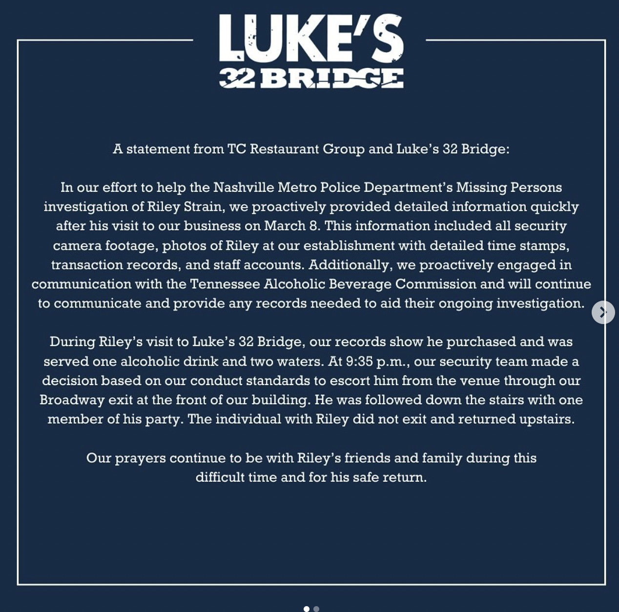 The statement of Luke's 32 Bridge as shared on its social media following Riley Strain's disappearance | Source: instagram/lukes32bridge
