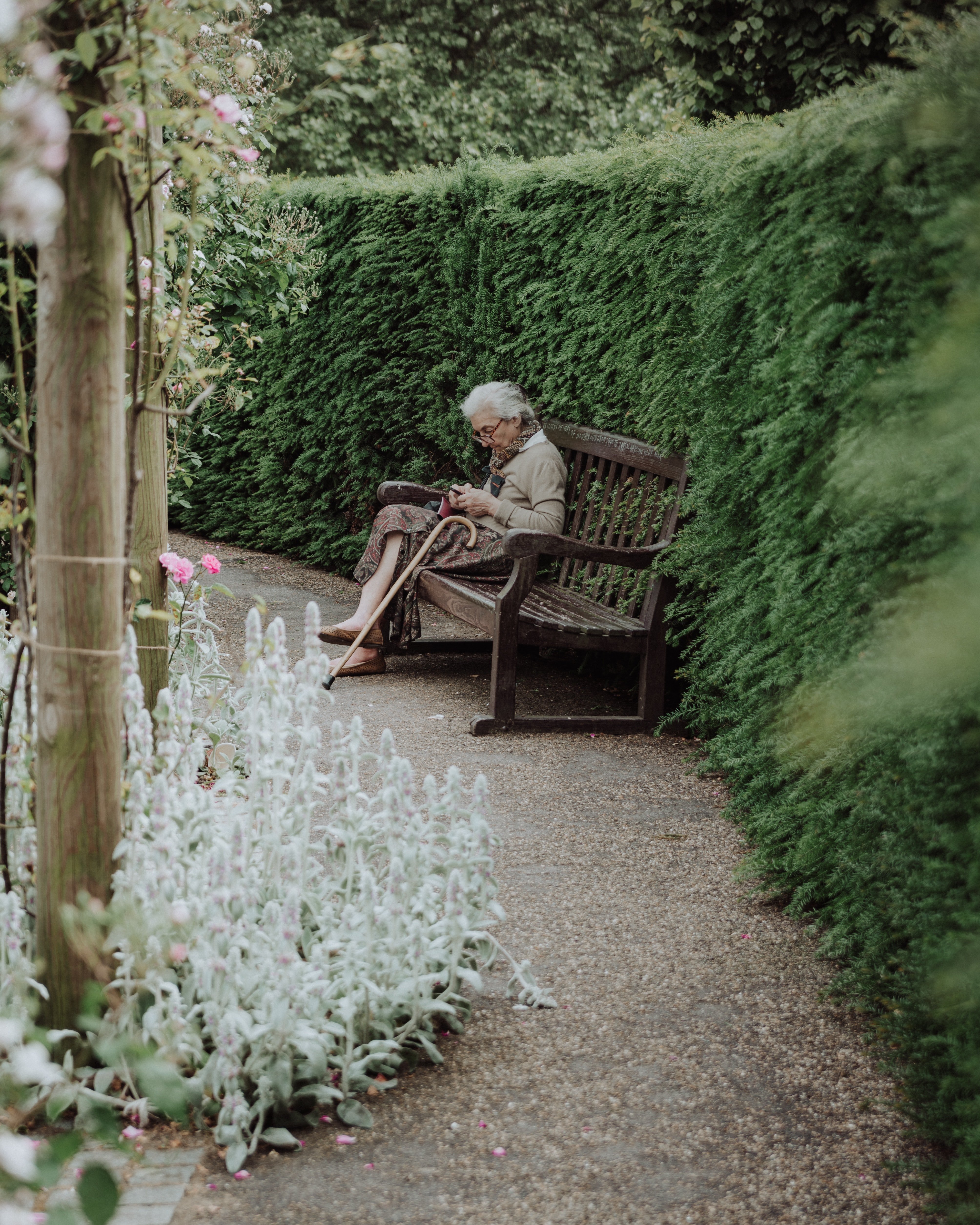 Una anciana sola en el banco de un parque. | Foto: Unsplash