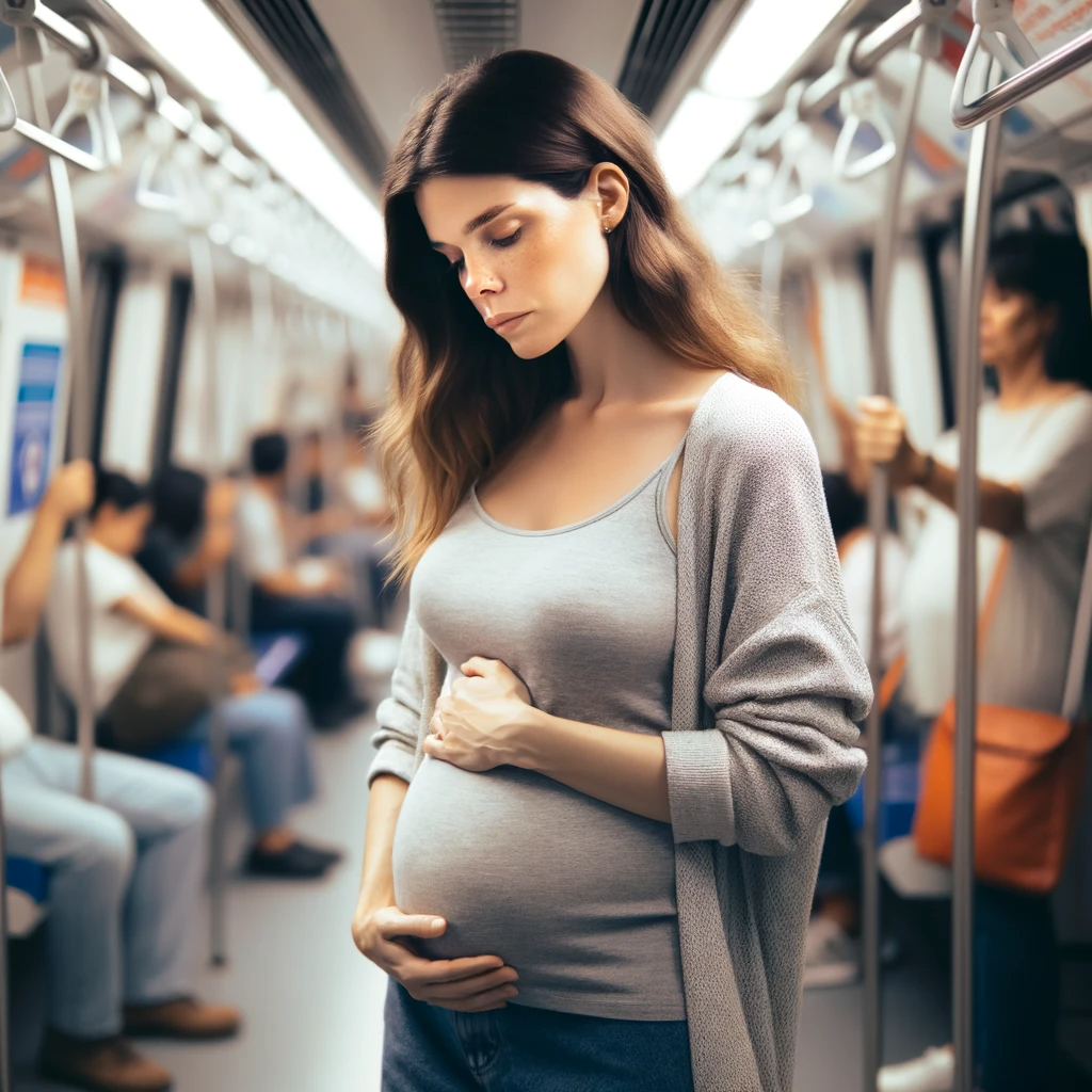A pregnant woman standing in a subway train via AI | Source: DALL·E