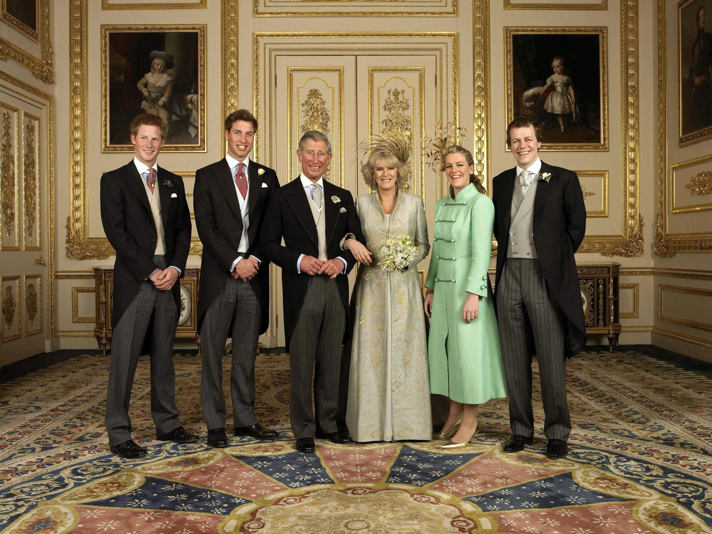  Picture of Prince Harry, and Prince William, Camilla's children Laura and Tom Parker Bowles, with Charles and Camilla in the White Drawing Room at Windsor Castle | Source: Getty Images