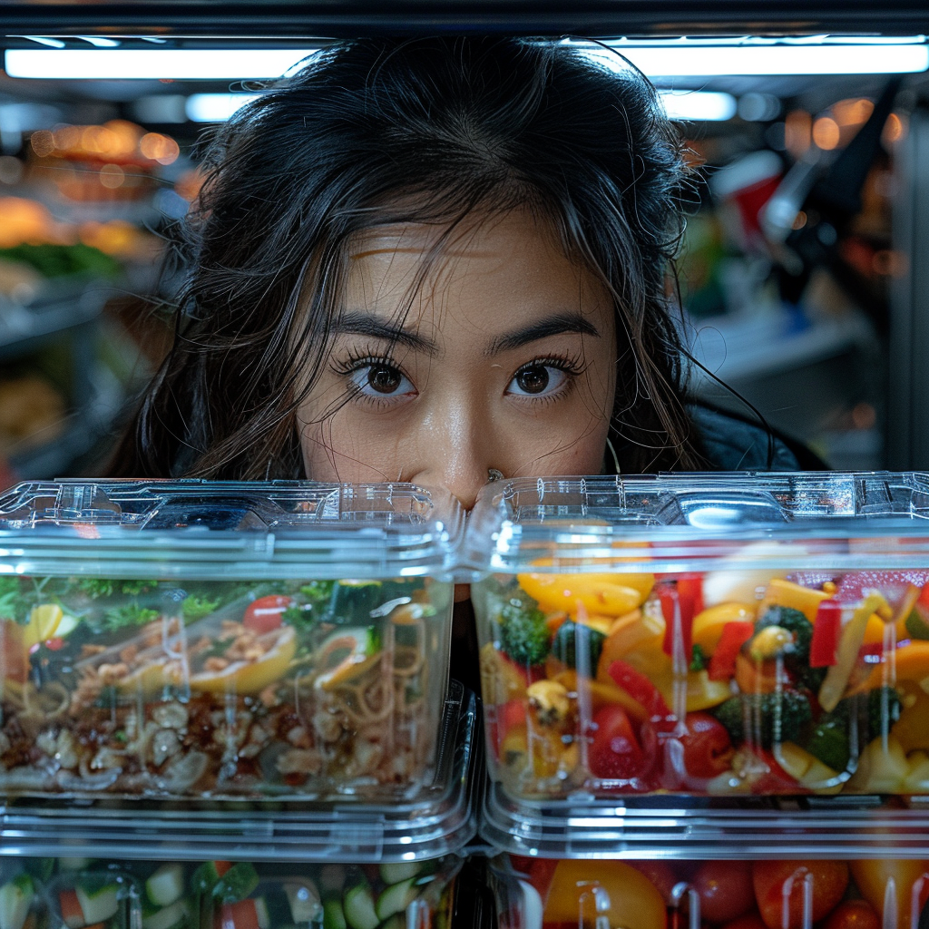 Young woman looking at plastic containers at the fridge | Midjourney