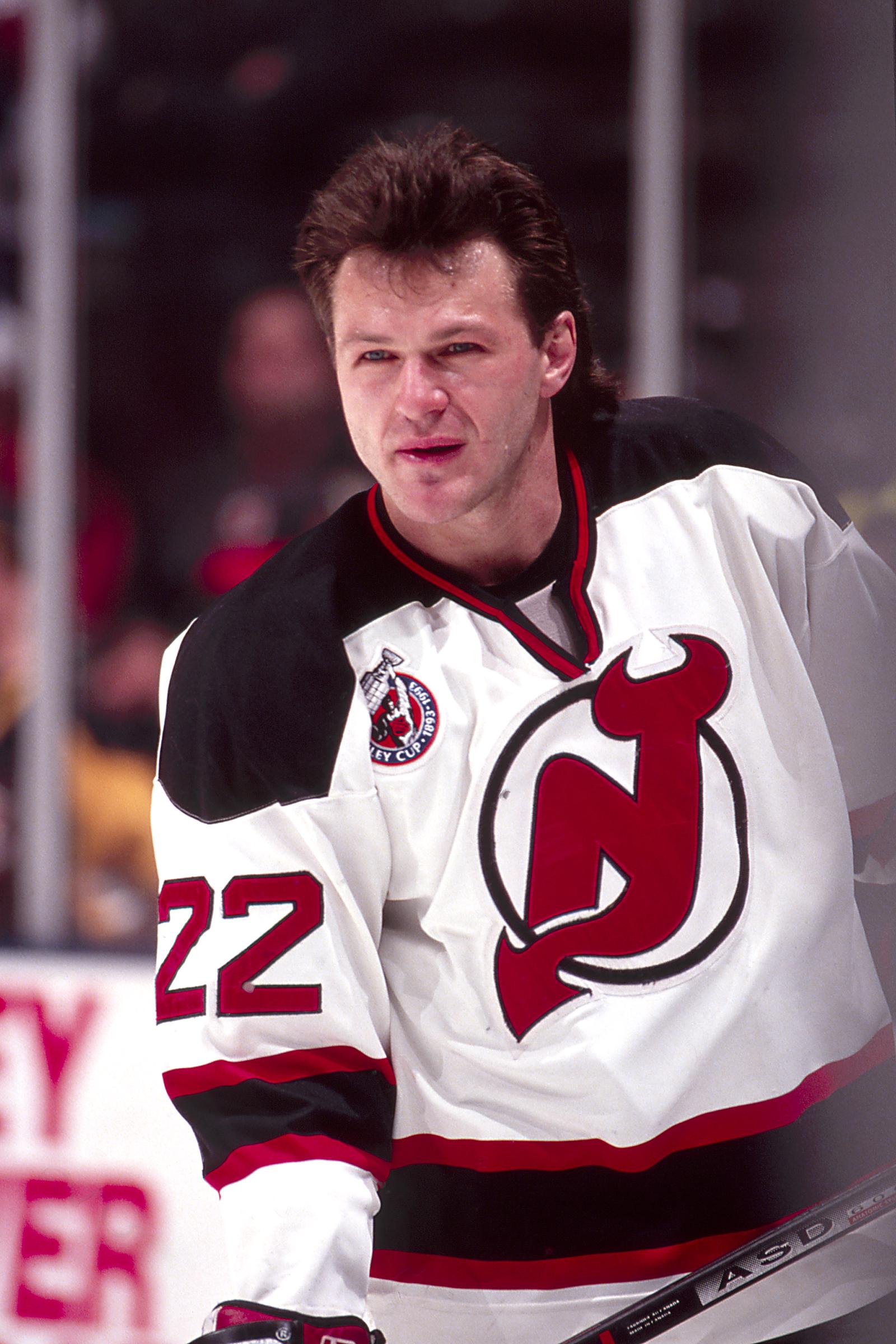 Forward Claude Lemieux #22 of the New Jersey Devils looks tough during pregame warmups prior to the game against the Pittsburgh Penguins at the Meadowlands Arena on April 14, 1993, in East Rutherford, New Jersey | Source: Getty Images