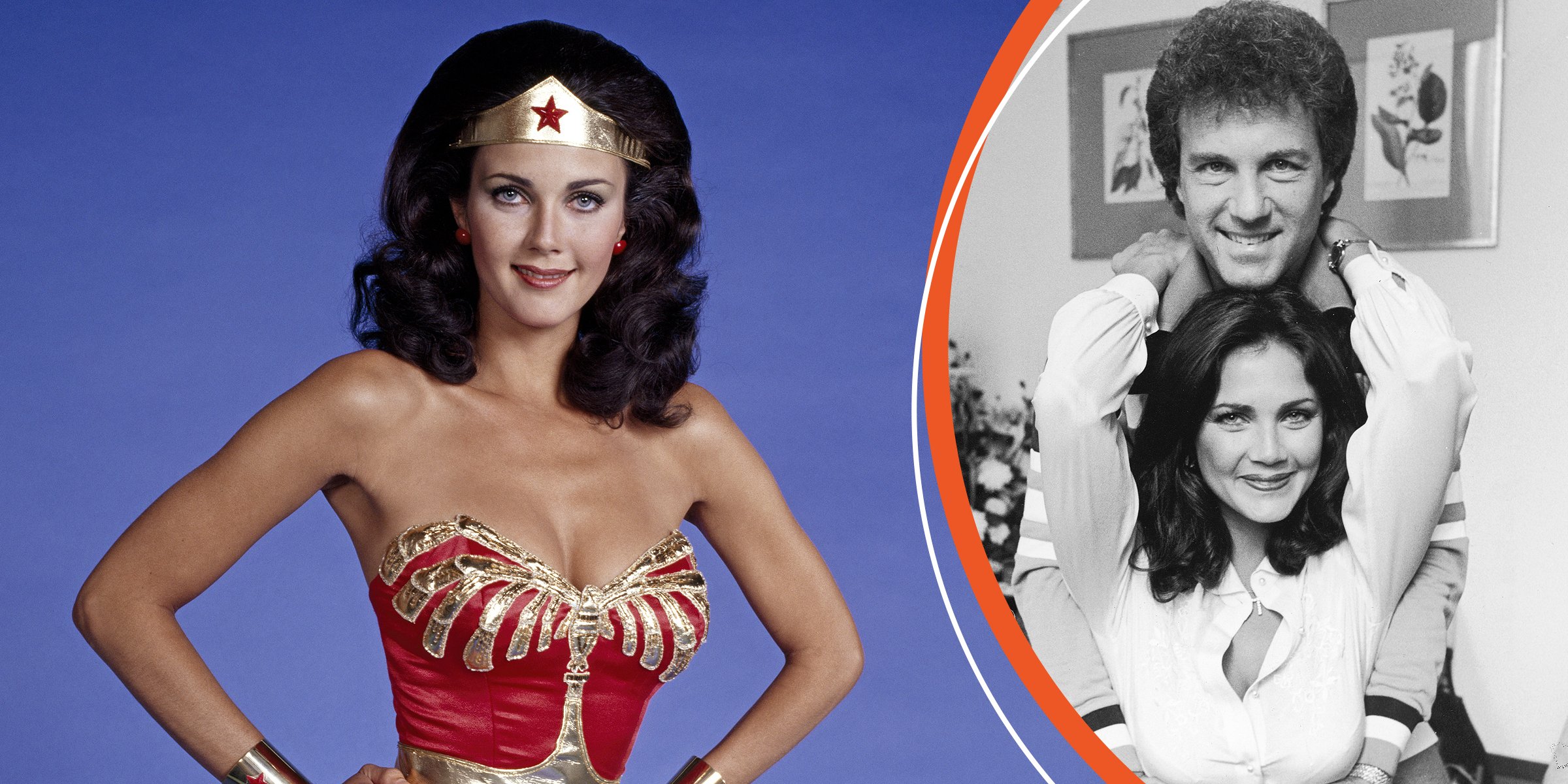  Lynda Carter in costume as "Wonder Woman" from TV Series[left] Portrait of  Lynda Carter, televisions 'Wonder Woman', with her first husband and manager Ron Samuels, September 15th 1980. | Source: Getty Images