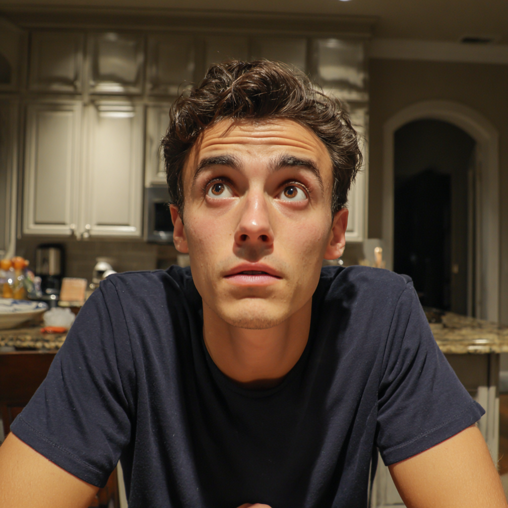 A surprised man sitting at a kitchen table | Source: Midjourney