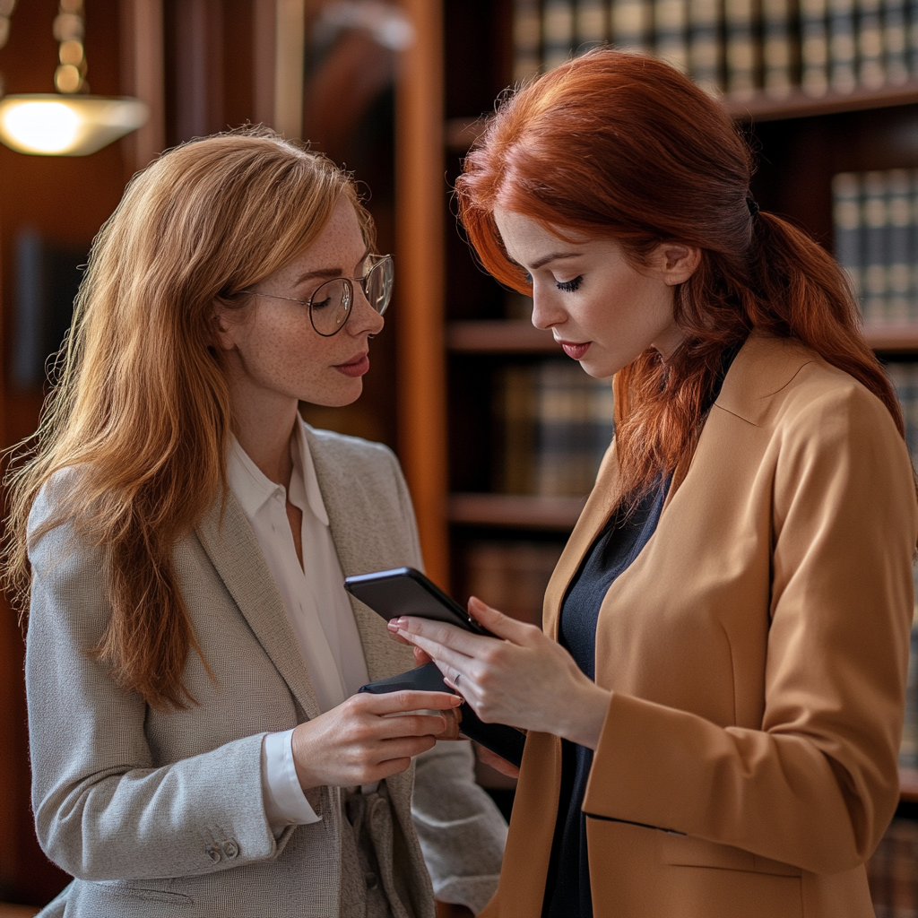 A woman handing her phone to a lawyer | Source: Midjourney