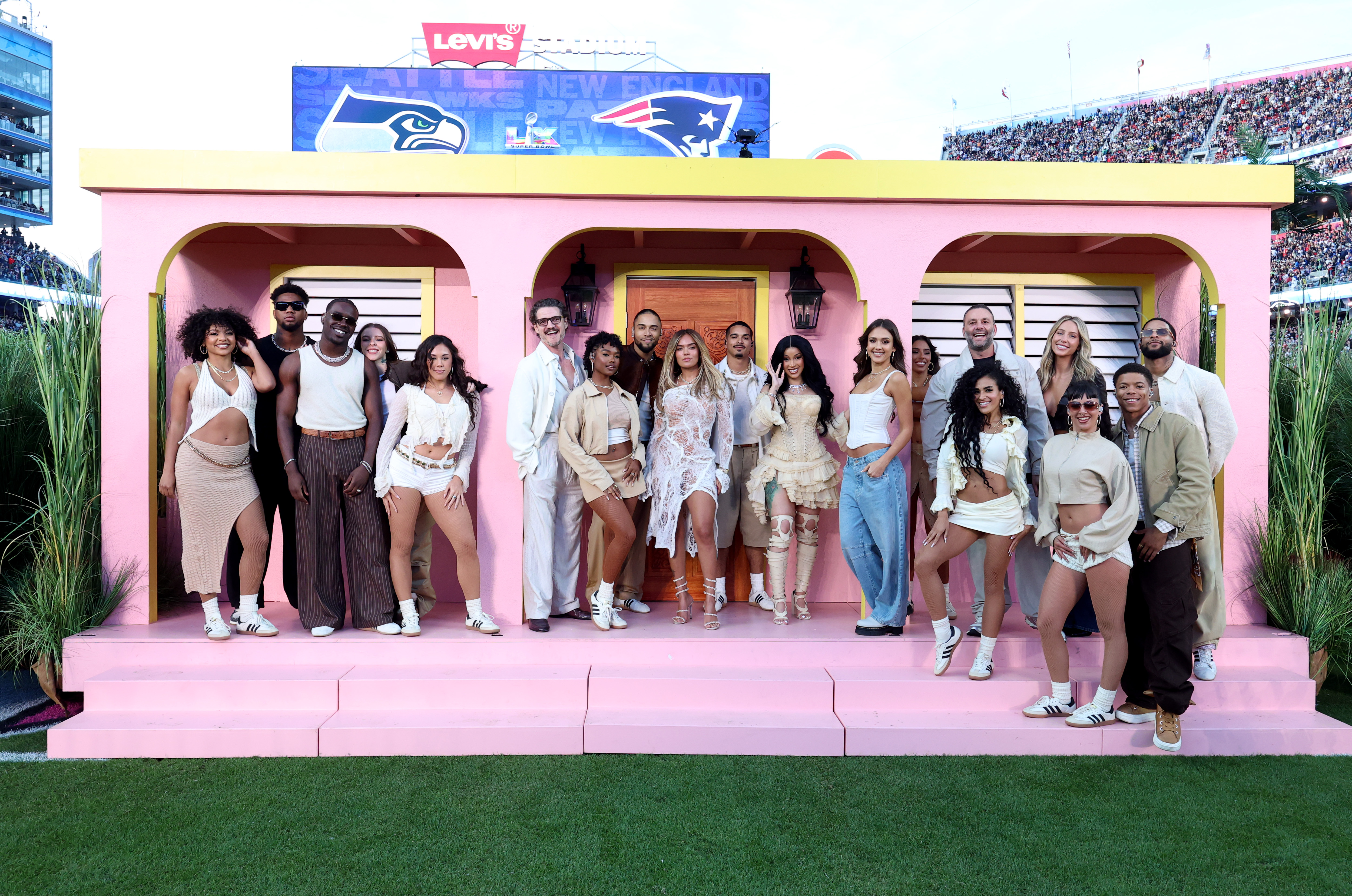 Ronald Acuña Jr., Young Miko, Pedro Pascal, Giannina Mourouvin, Karol G, Cardi B, Jessica Alba, David Grutman and Alix Earle, among others, during the Super Bowl Halftime Show. | Source: Getty Images