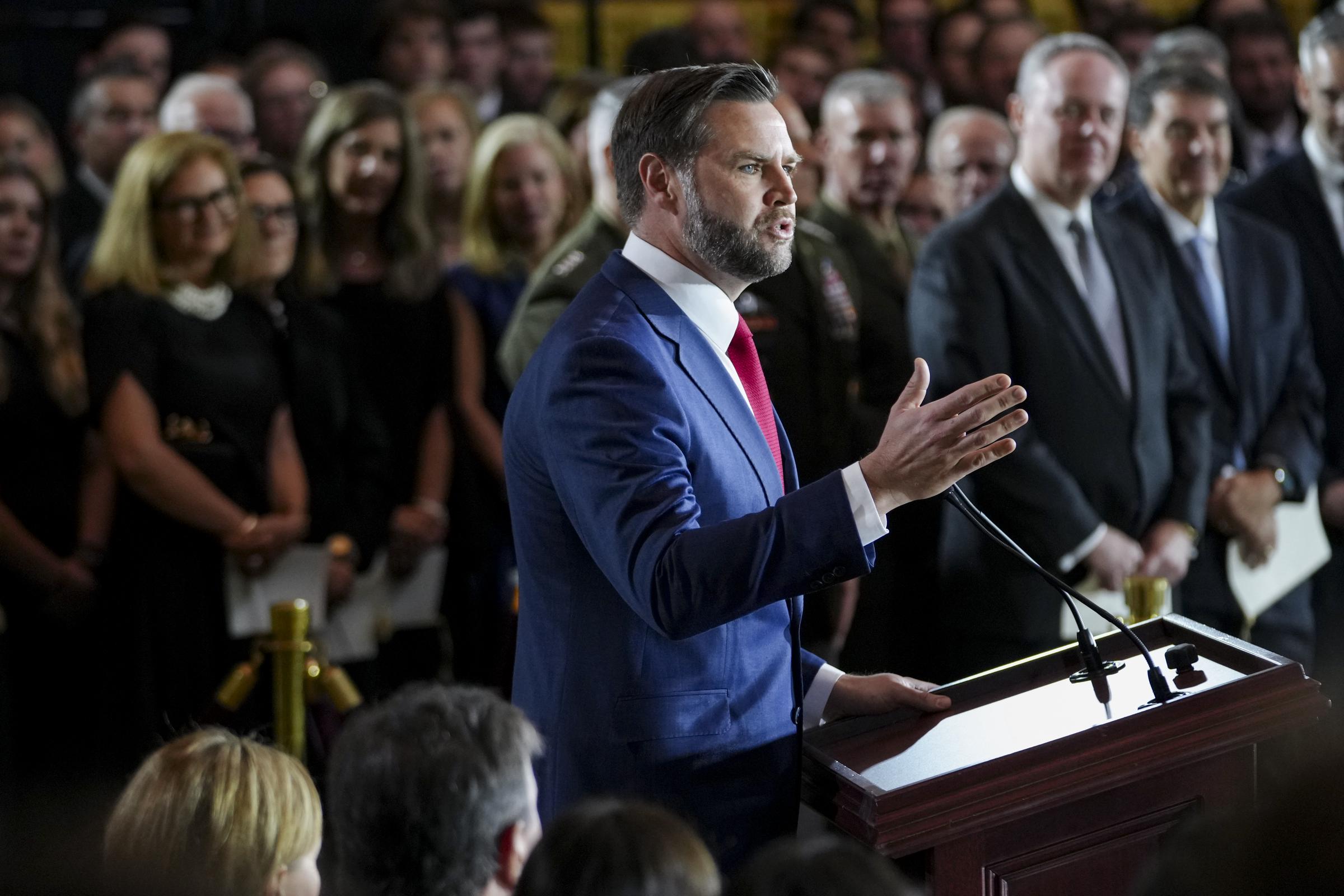 He praised Lindsey Graham as a great man who listened closely and inspired deep loyalty. In this photo, he spoke during a congressional tribute in the Rotunda of the U.S. Capitol on July 28, 2026, in Washington, D.C. | Source: Getty Images