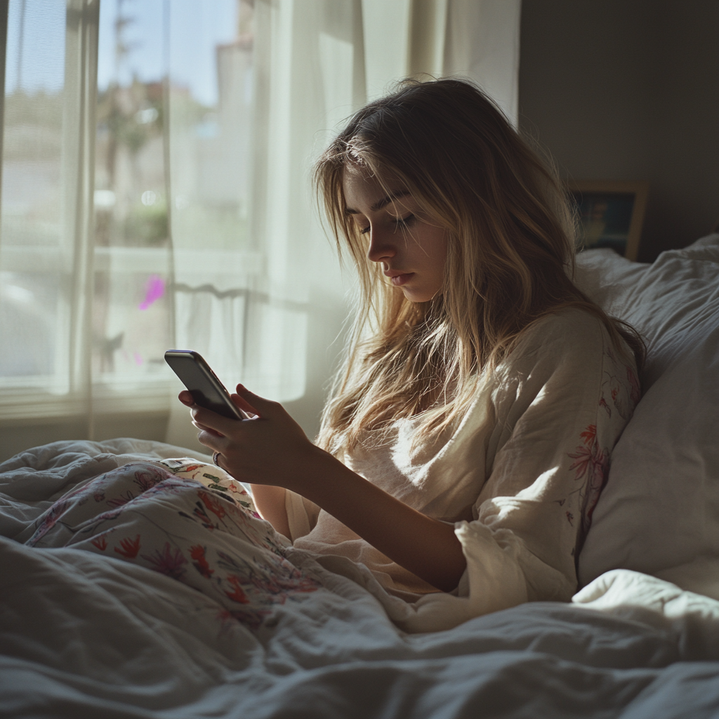 Young woman using her phone while in bed | Source: Midjourney