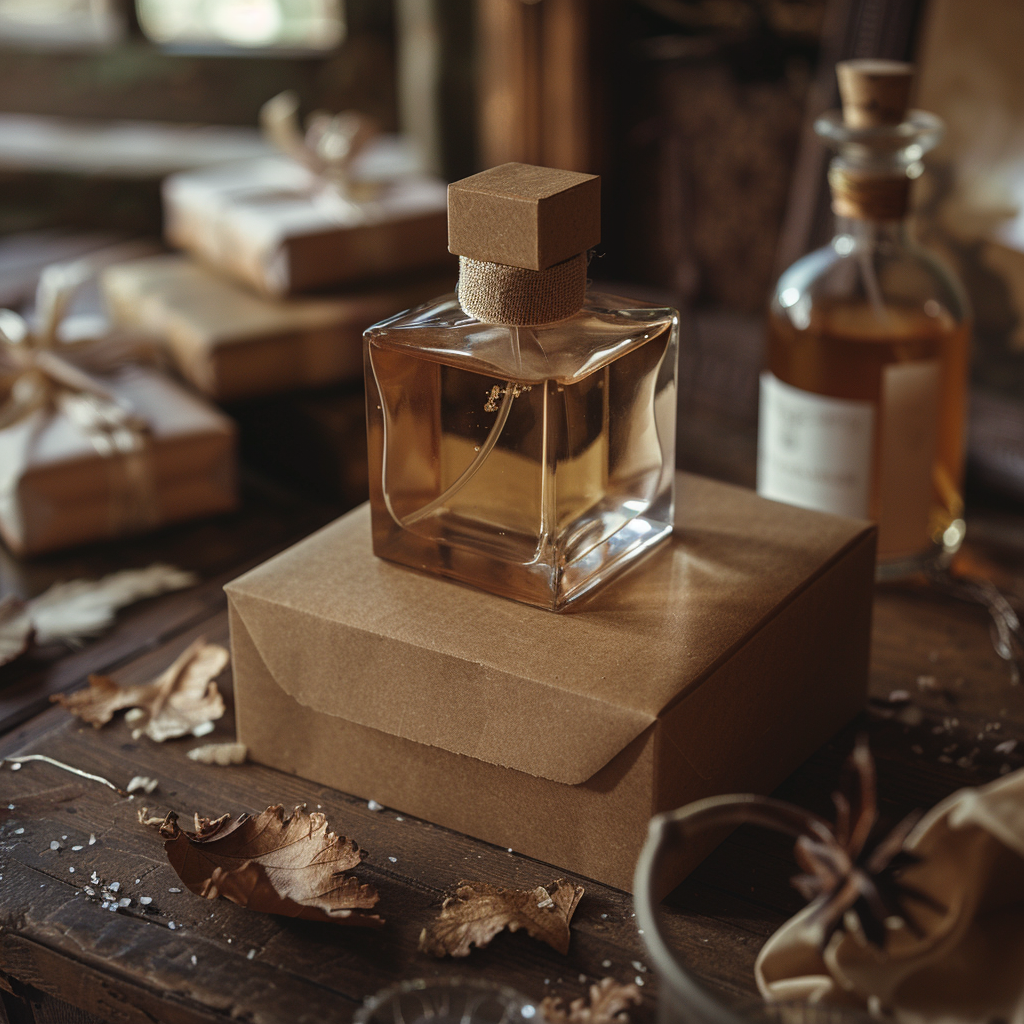 An old perfume bottle atop a brown box | Source: Midjourney