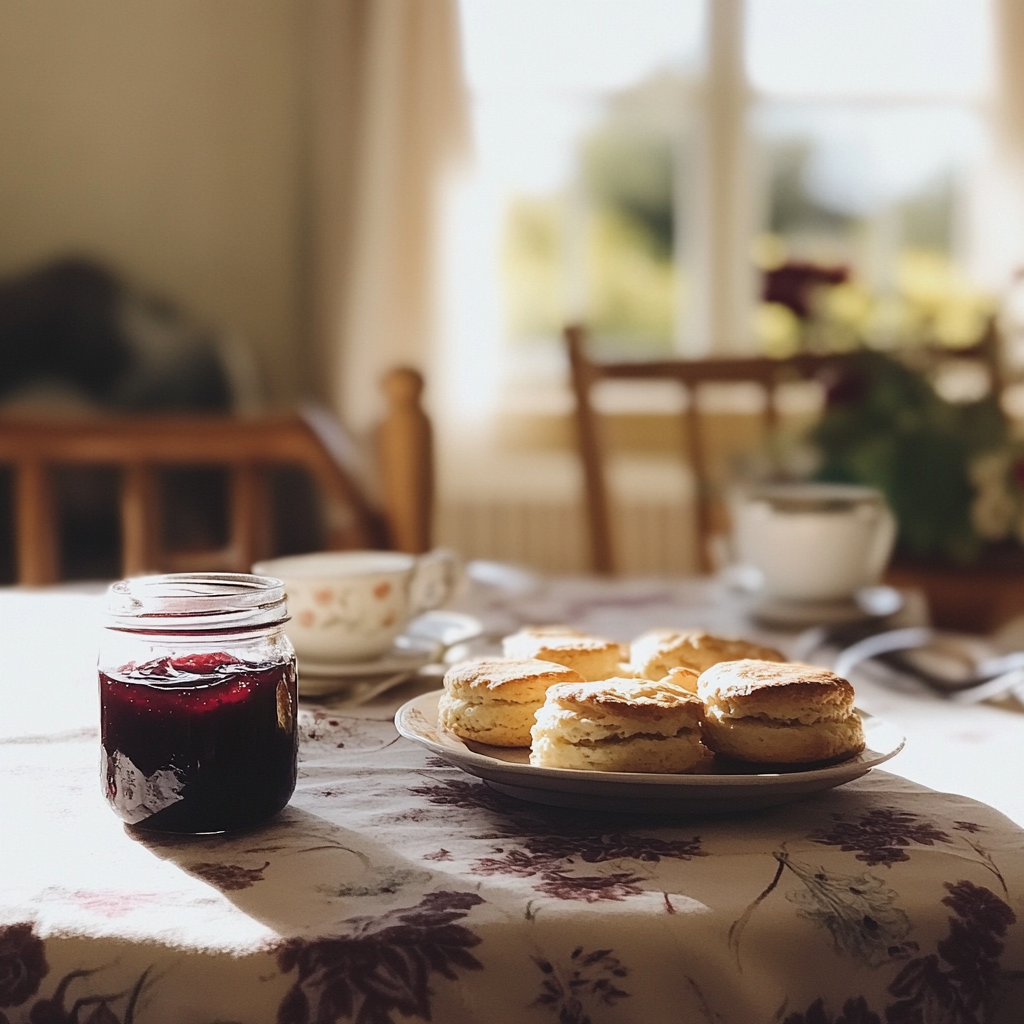 Scones and jam on a table | Source: Midjourney