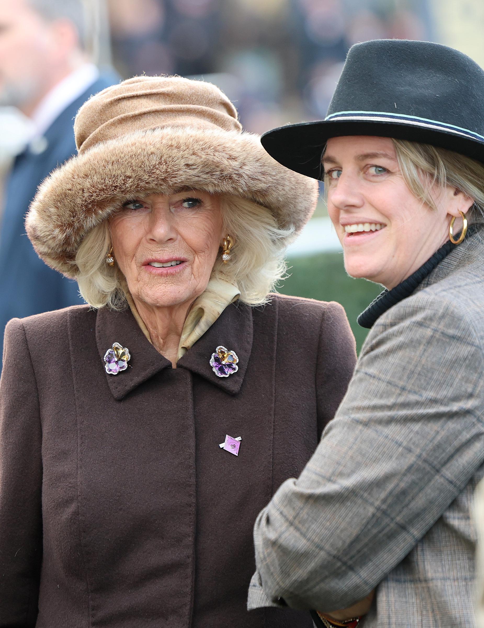 Queen Camilla and daughter Laura Lopes attend day 2 'Style Wednesday' of the Cheltenham Festival at Cheltenham Racecourse on March 12, 2025, in London, England | Source: Getty Images