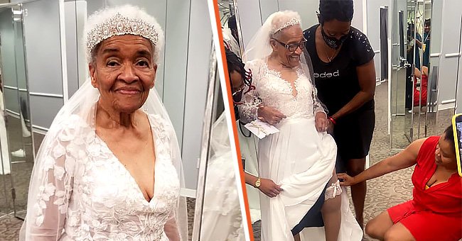 [Left] A 94-year-old grandmother tries on a wedding dress for the first time; [Right] A white gown is fitted on the smiling grandmother. | Source: facebook.com/erica.tucker.5
