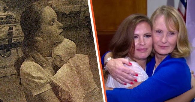 [Left] Susan Berger cradling a baby Amanda Scarpinati; [Right] Susan Berger and Amanda Scarpinati hugging. │Source: facebook.com/HugnKiss77 youtube.com/Inside Edition