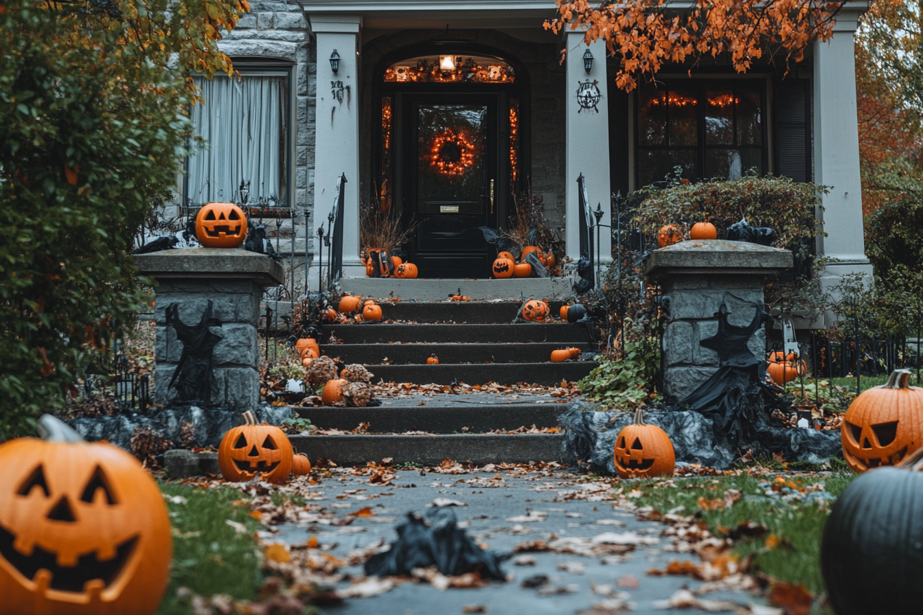 Decorações de Halloween na varanda da frente | Fonte: Midjourney