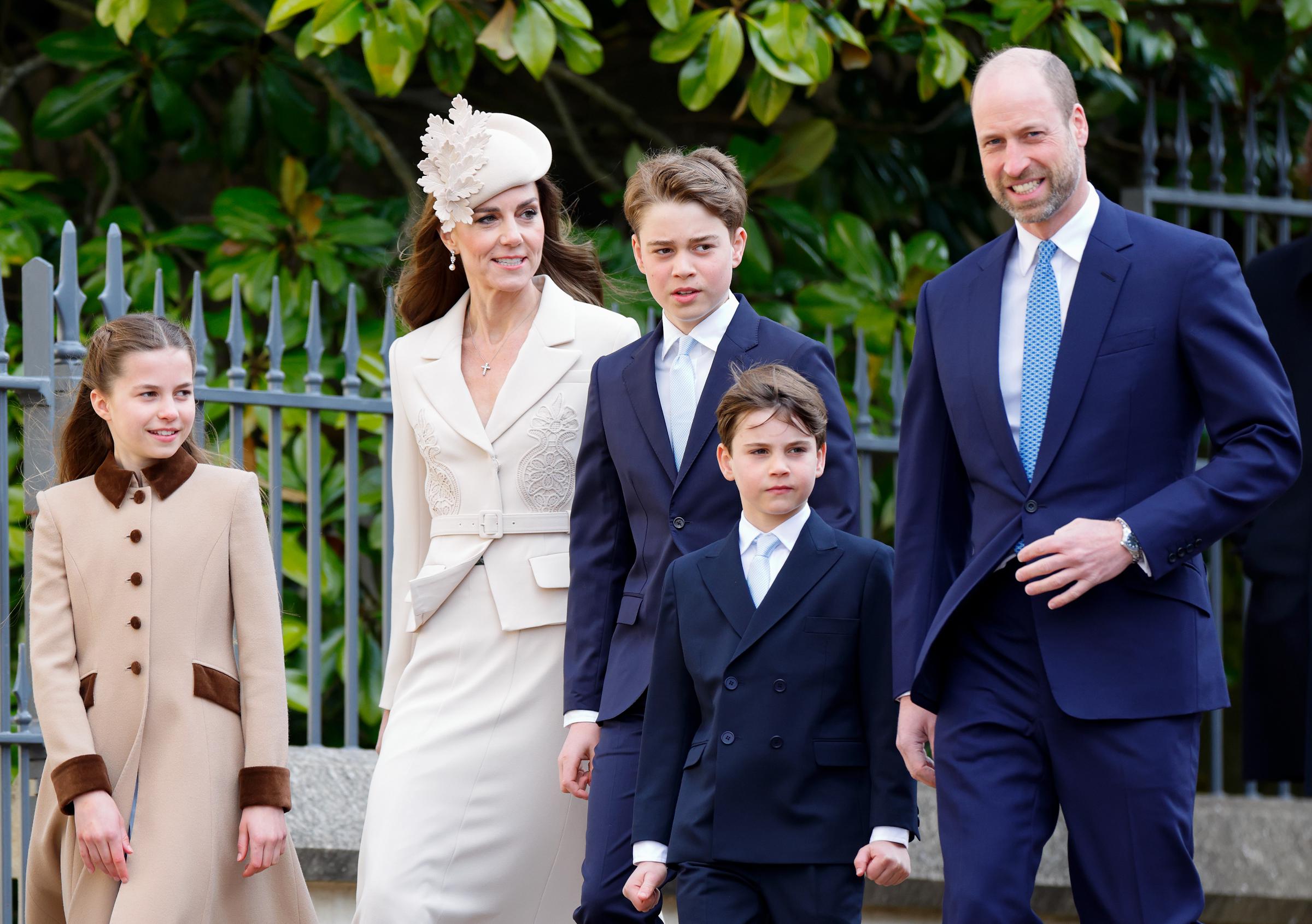 Princess Charlotte of Wales, Catherine, Princess of Wales, Prince George of Wales, Prince Louis of Wales, and Prince William, Prince of Wales attend the traditional Easter Sunday Mattins Service at St George's Chapel on April 5, 2026 in Windsor, England | Source: Getty Images