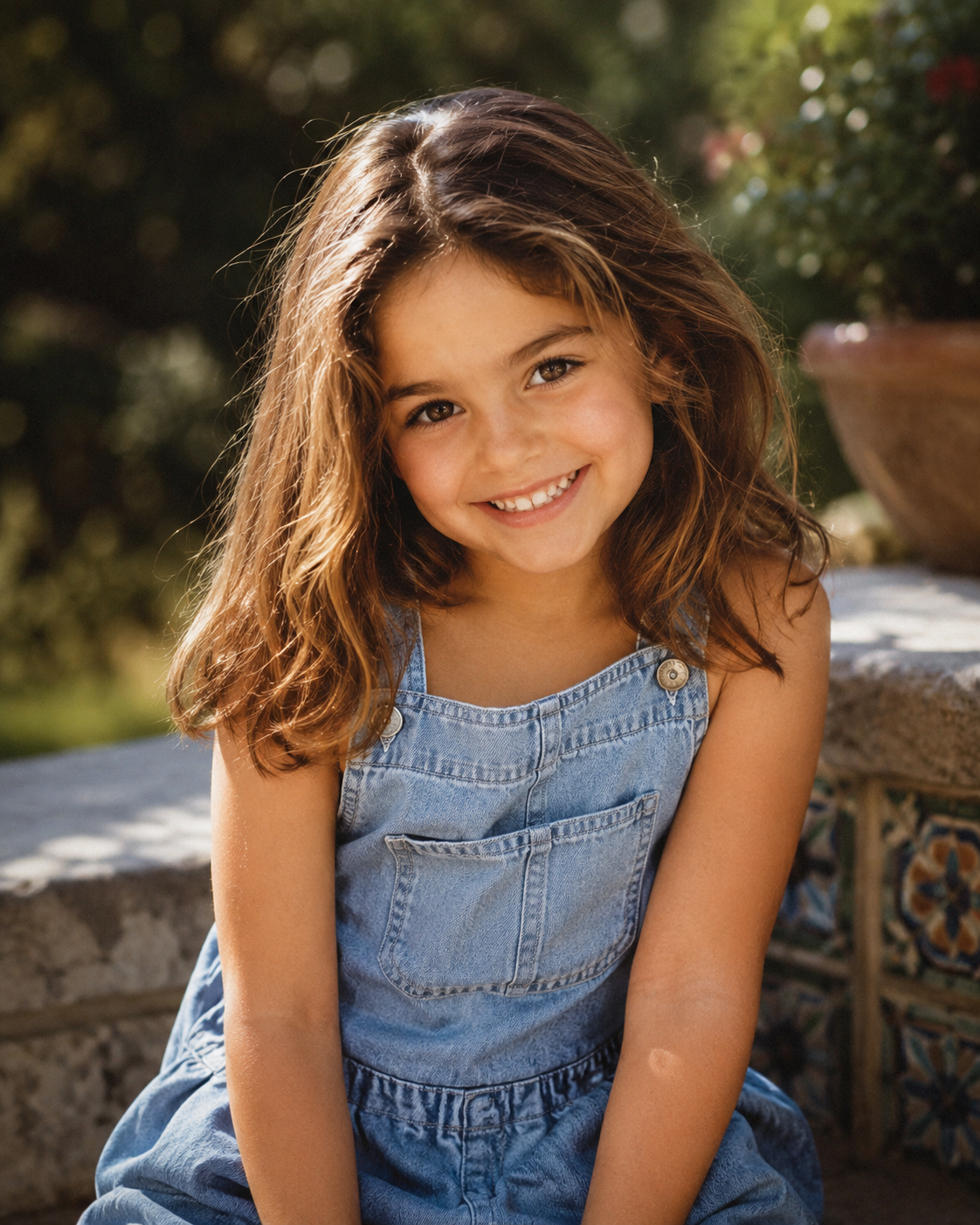 An AI-generated portrait captures Fabio and Cindy Crawford’s imagined daughter sitting outdoors in denim overalls, featuring warm sunlight and a playful look. | Source: ChatGPT