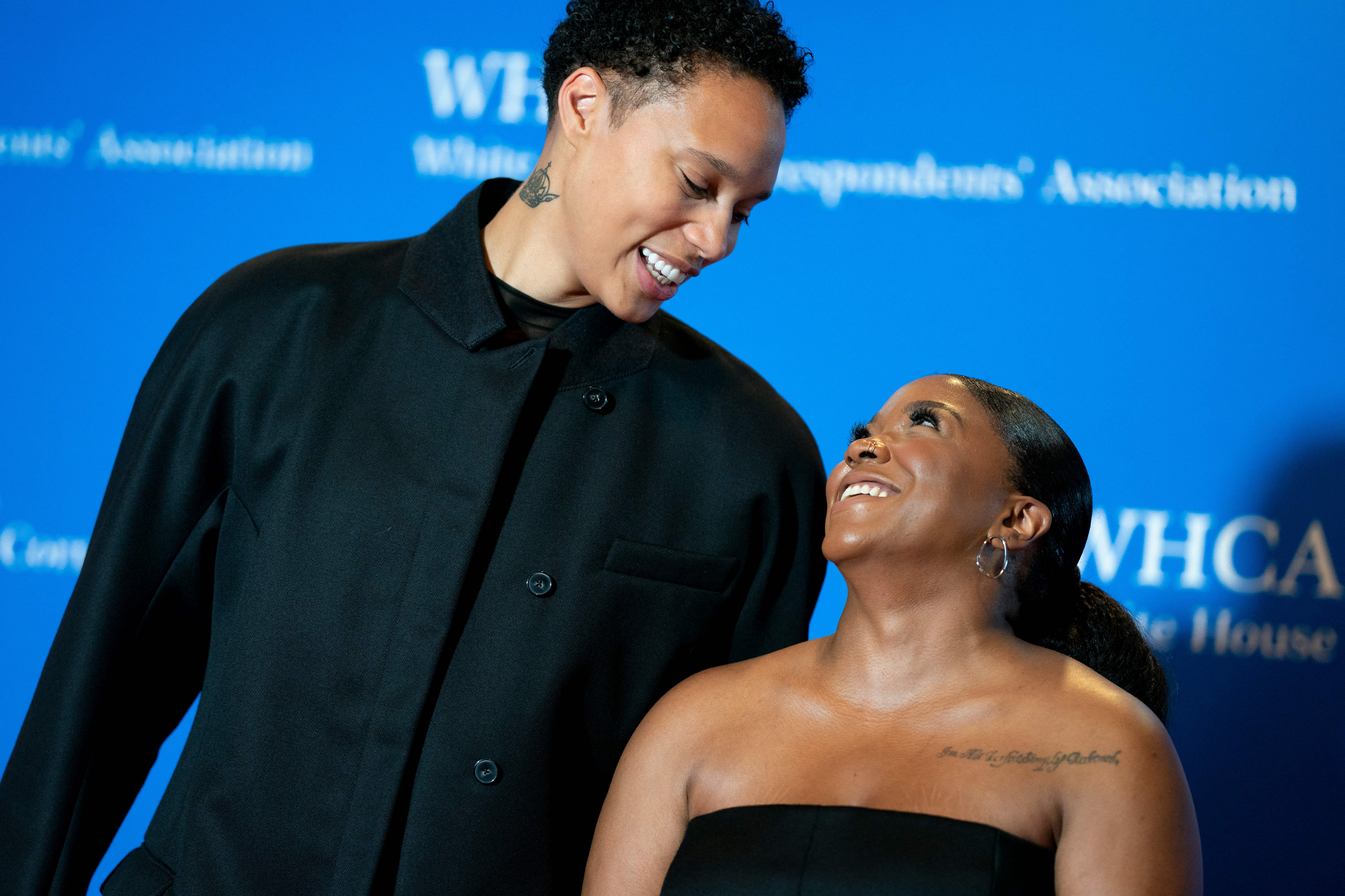Brittney Griner and her spouse, Cherelle Griner, are pictured as they arrive for the White House Correspondents' Association dinner at the Washington Hilton on April 29, 2023, in Washington, DC | Source: Getty Images